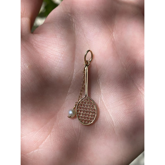 Vintage 14k Yellow Gold Pearl Tennis Racket & Ball Charm