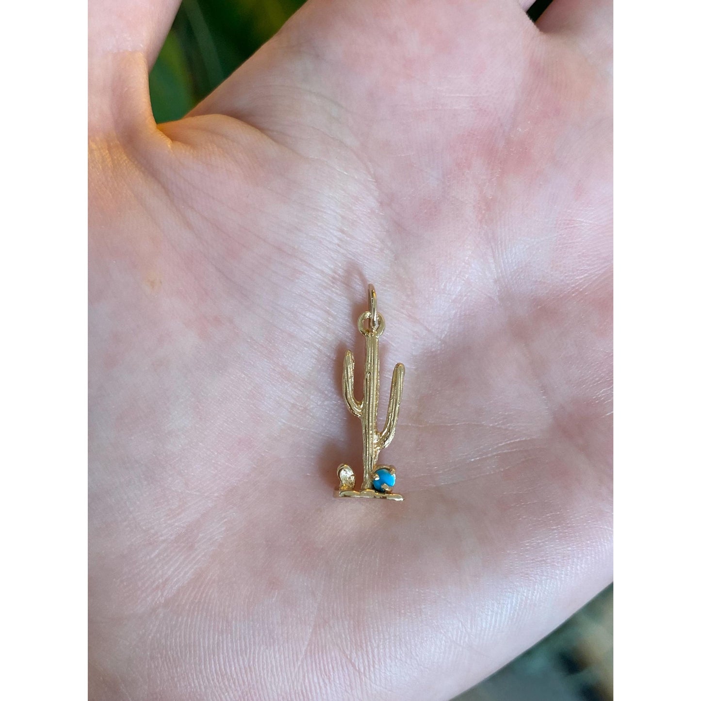 Vintage Solid 14k Yellow Gold Blue Enamel Bead Cactus Charm