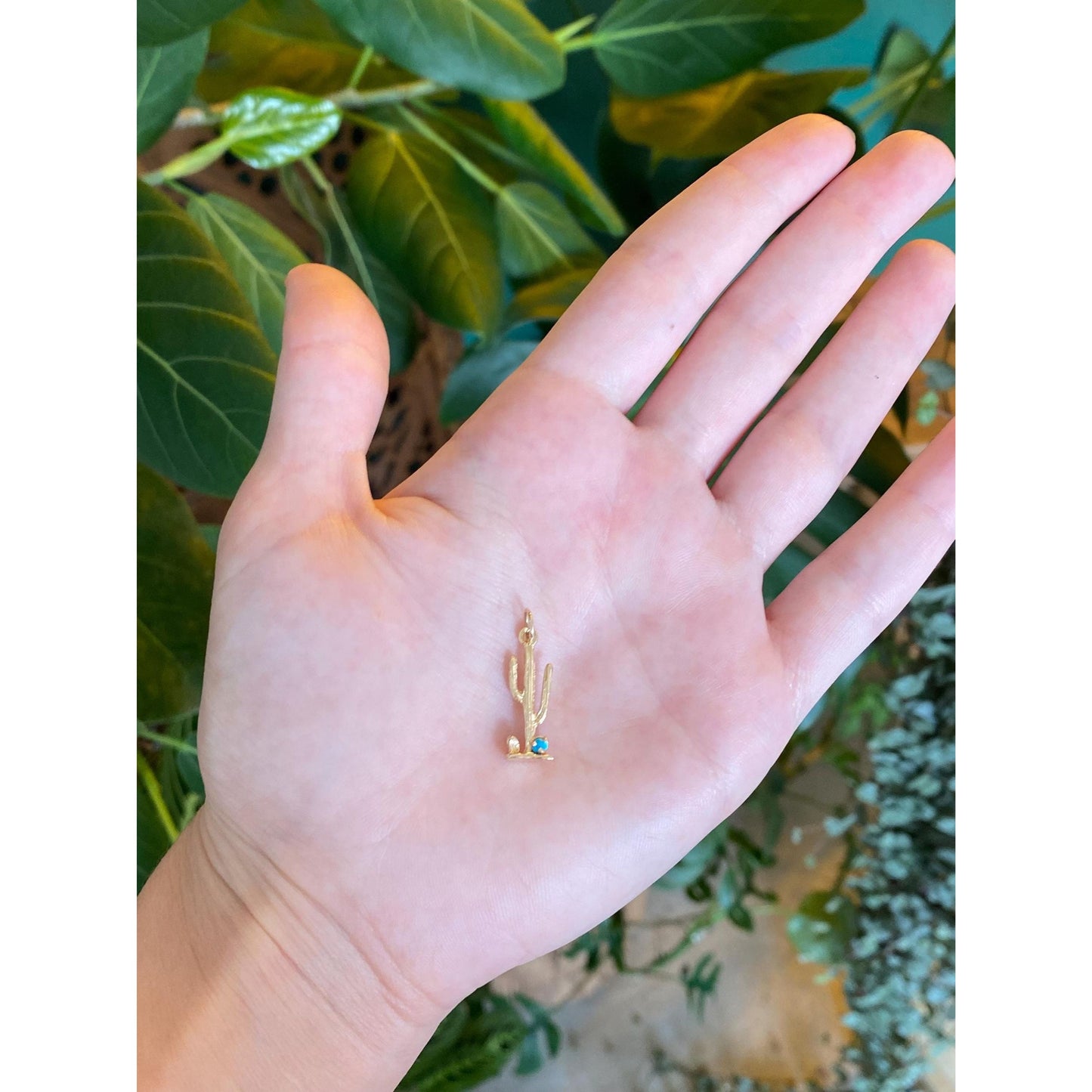 Vintage Solid 14k Yellow Gold Blue Enamel Bead Cactus Charm