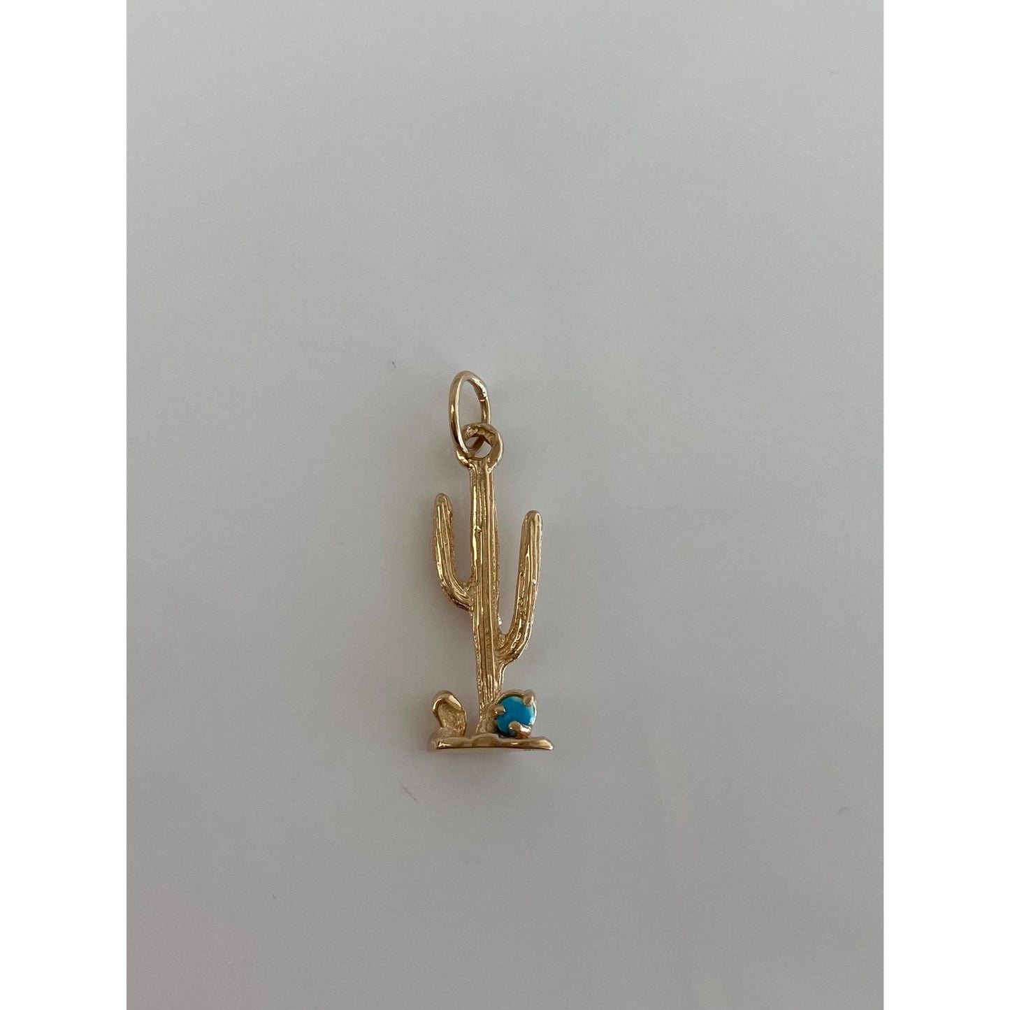 Vintage Solid 14k Yellow Gold Blue Enamel Bead Cactus Charm