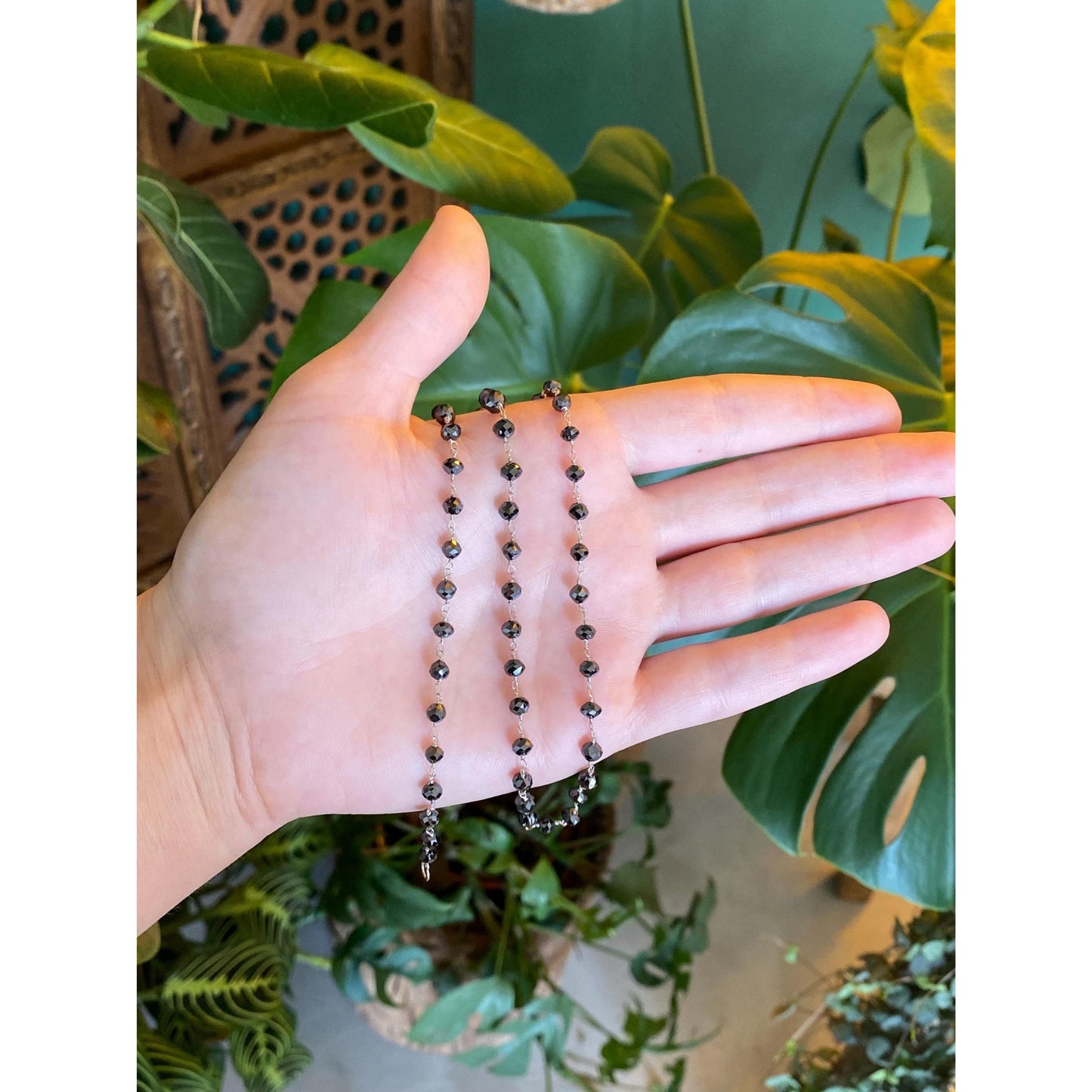 Vintage Solid 14k White Gold Faceted Hematite Bead Link Necklace - 17.75 inches