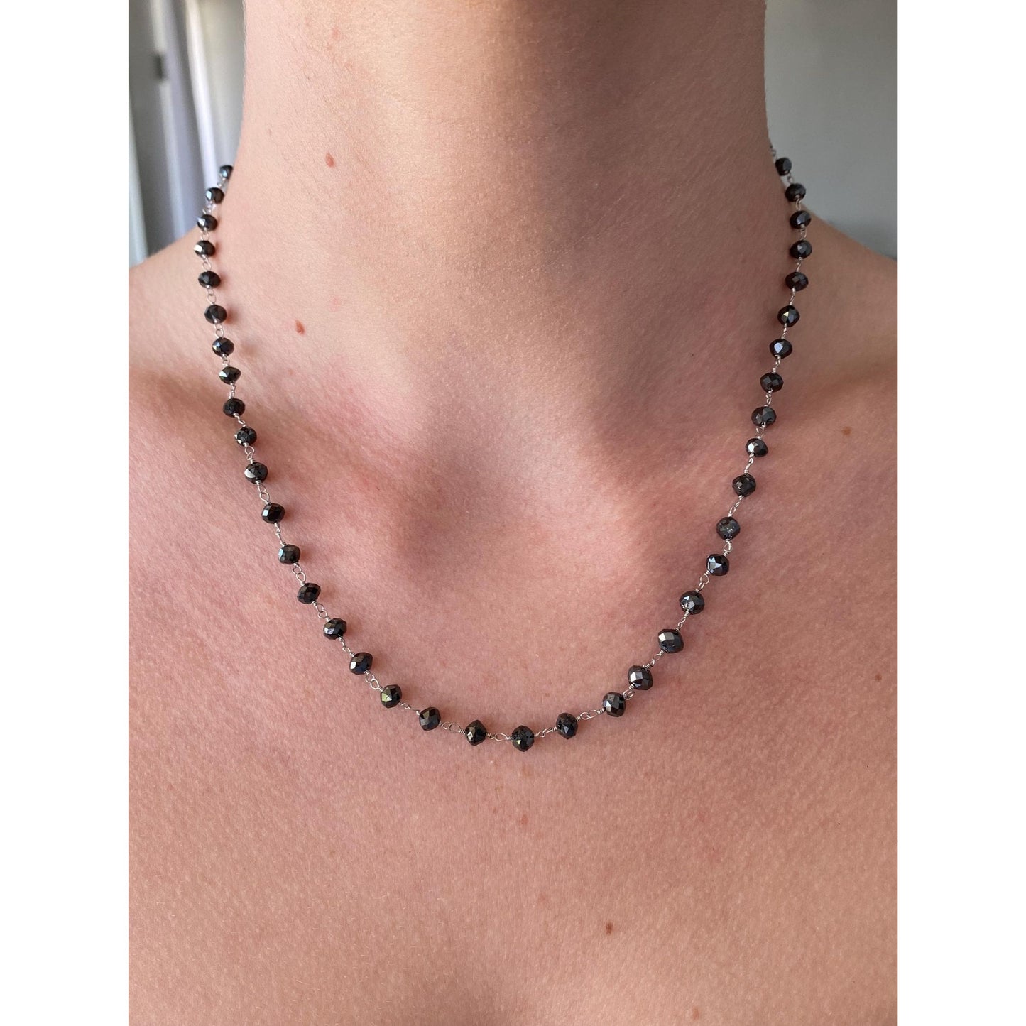 Vintage Solid 14k White Gold Faceted Hematite Bead Link Necklace - 17.75 inches