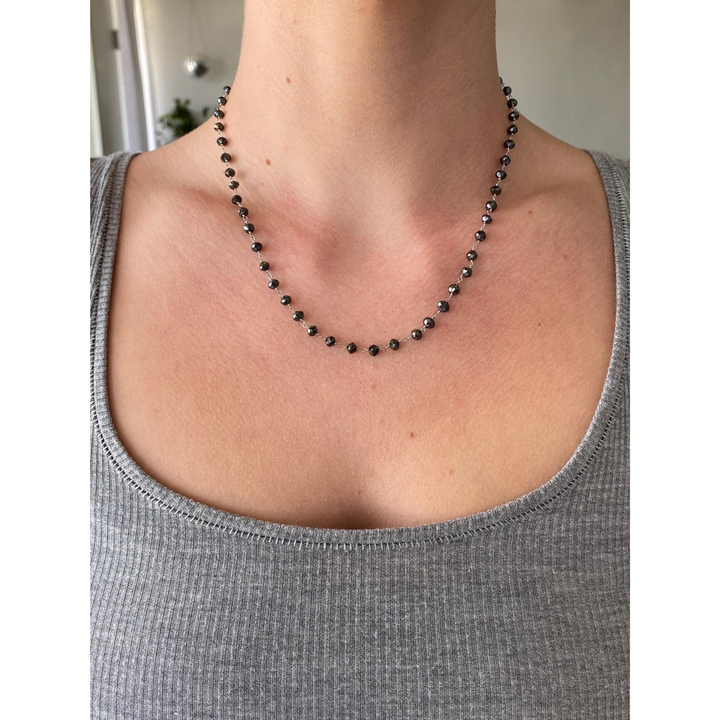 Vintage Solid 14k White Gold Faceted Hematite Bead Link Necklace - 17.75 inches