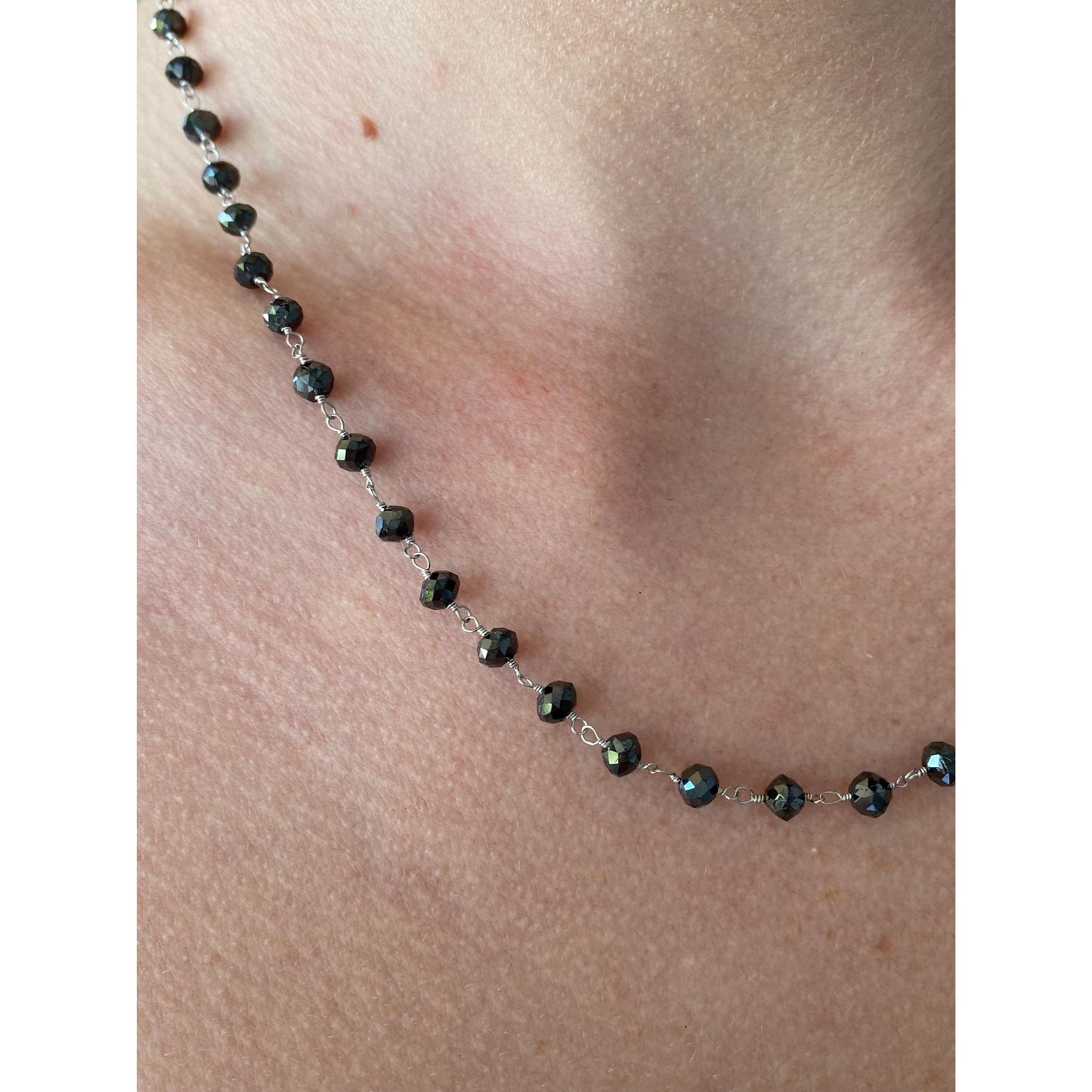 Vintage Solid 14k White Gold Faceted Hematite Bead Link Necklace - 17.75 inches