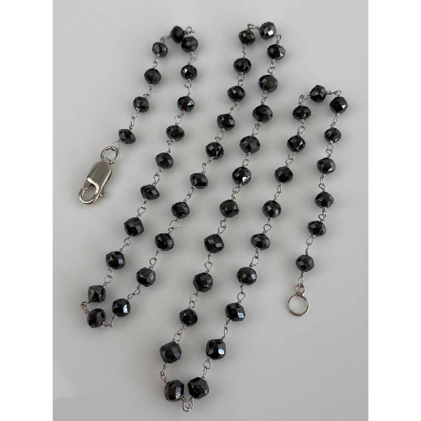 Vintage Solid 14k White Gold Faceted Hematite Bead Link Necklace - 17.75 inches