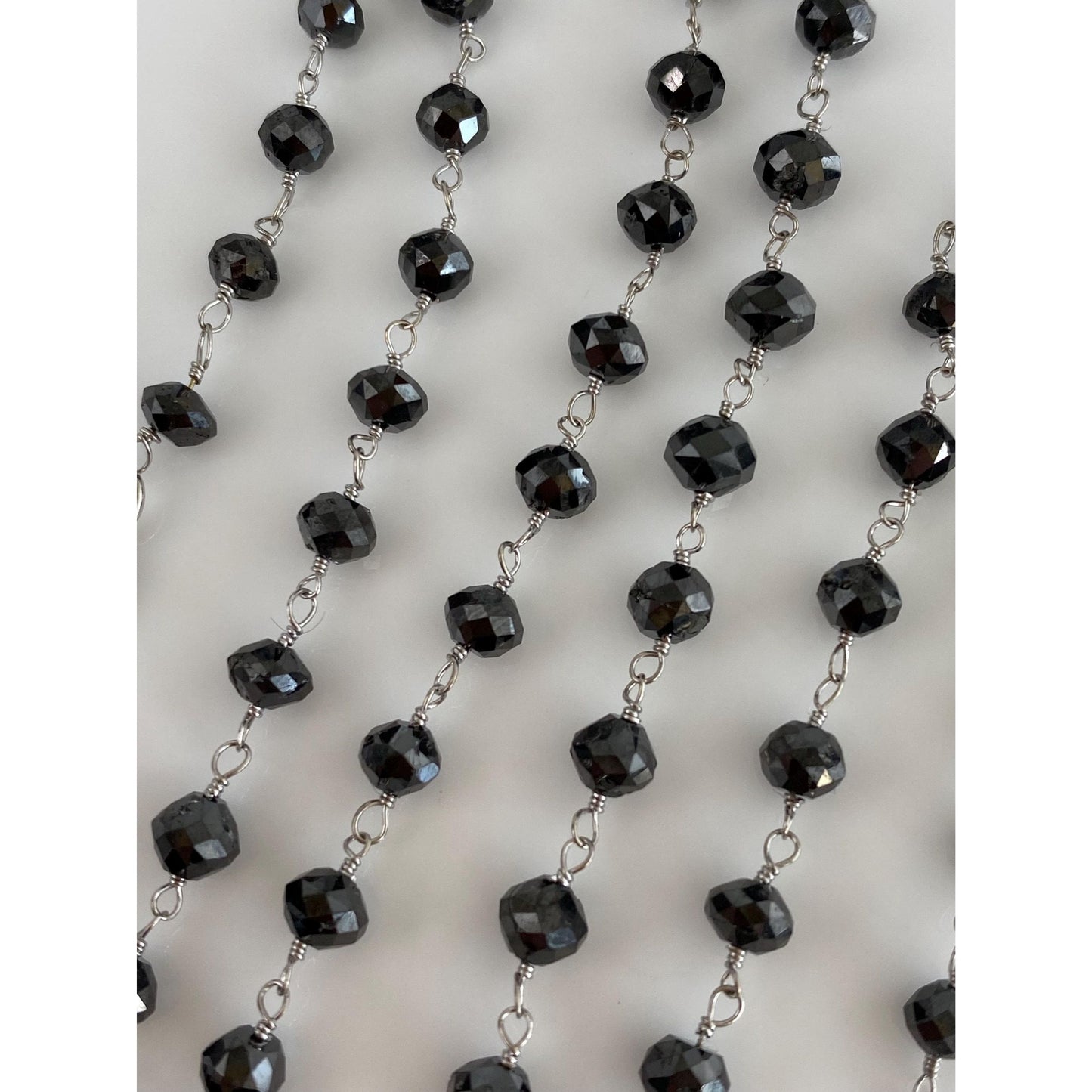 Vintage Solid 14k White Gold Faceted Hematite Bead Link Necklace - 17.75 inches