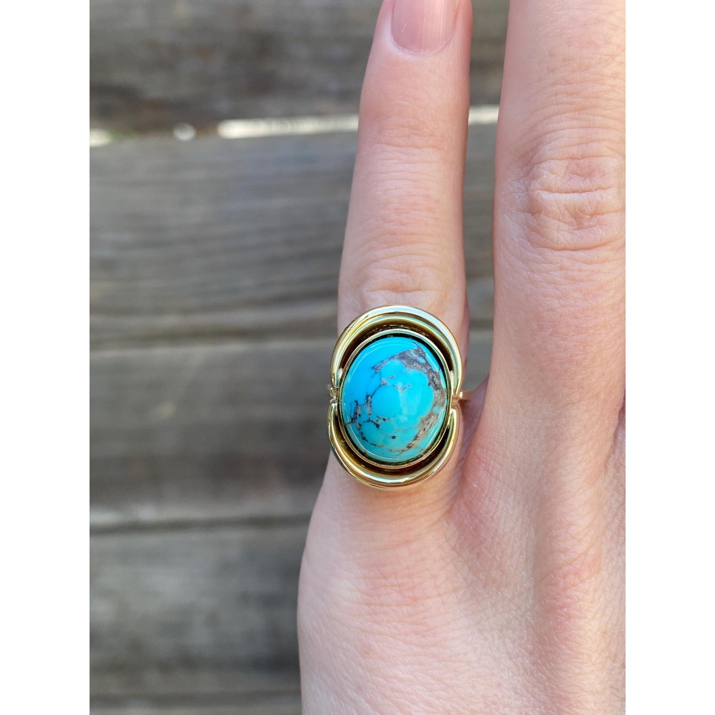 Vintage Solid 14k Yellow Gold Turquoise Ring - Size 2.75