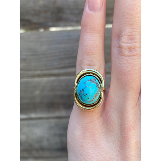 Vintage Solid 14k Yellow Gold Turquoise Ring - Size 2.75