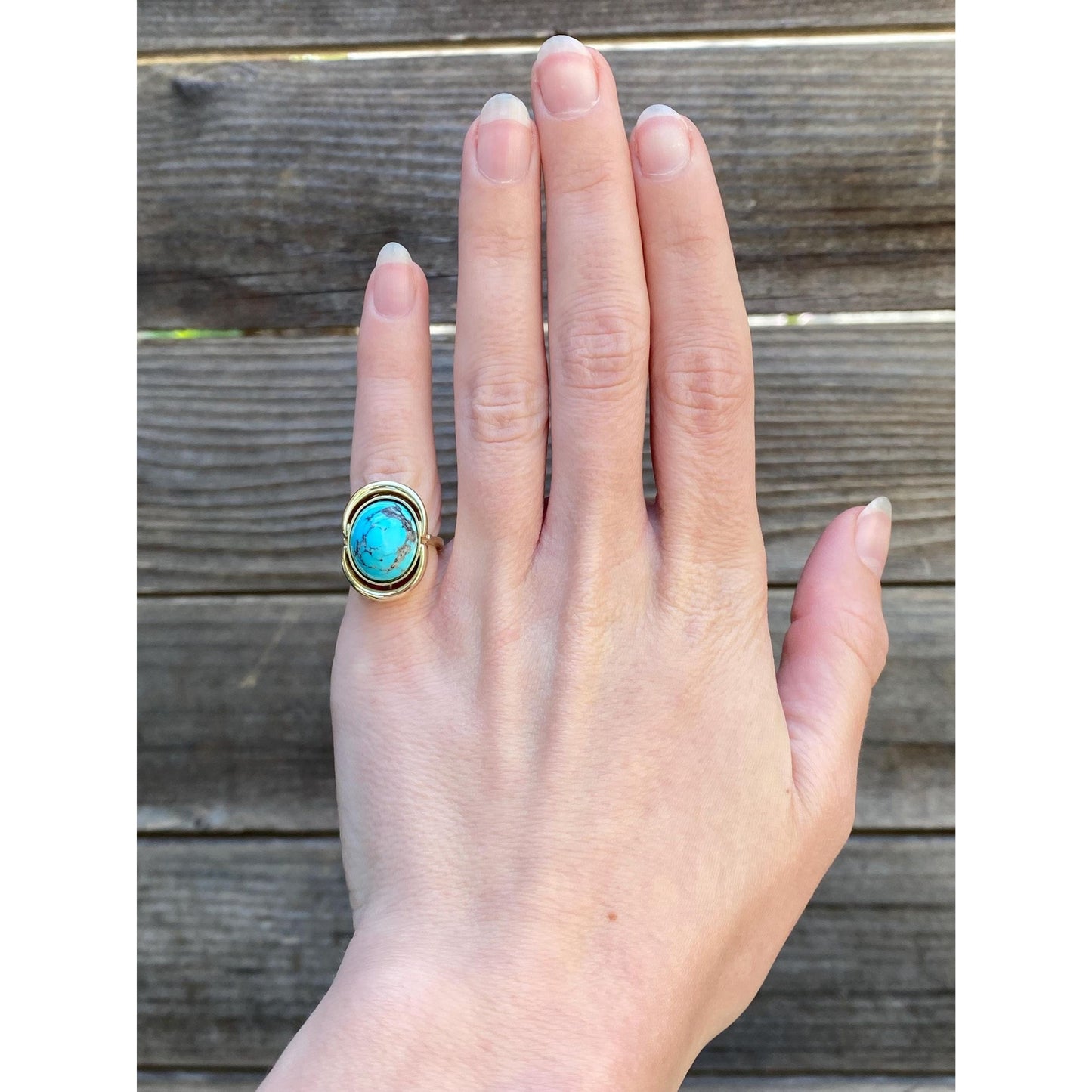 Vintage Solid 14k Yellow Gold Turquoise Ring - Size 2.75