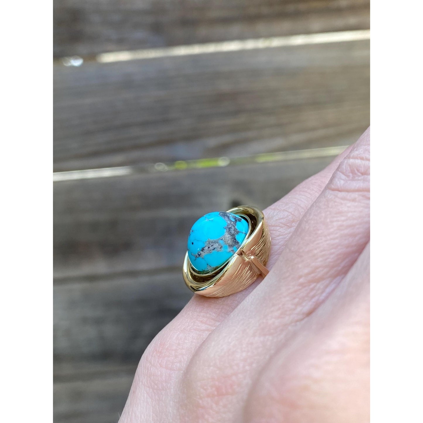 Vintage Solid 14k Yellow Gold Turquoise Ring - Size 2.75