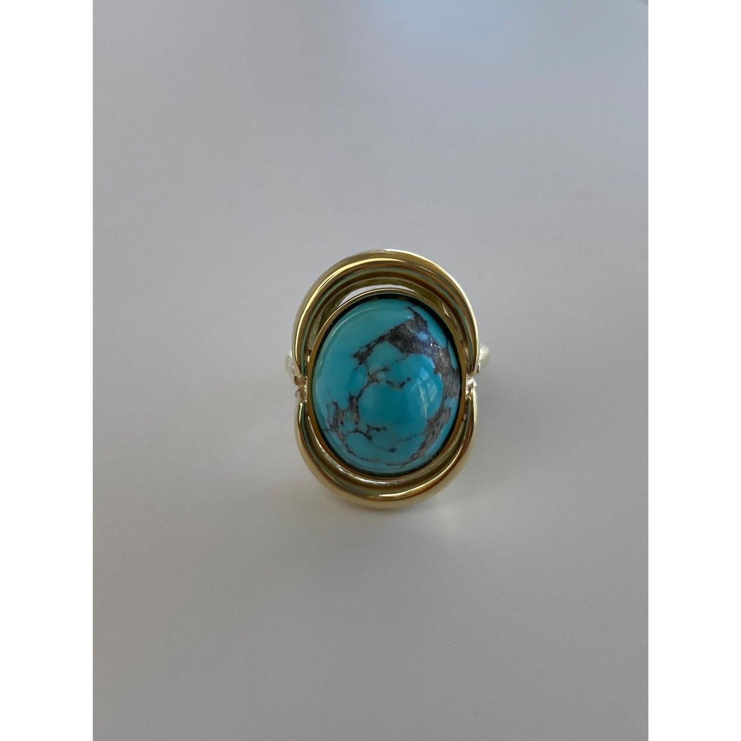 Vintage Solid 14k Yellow Gold Turquoise Ring - Size 2.75