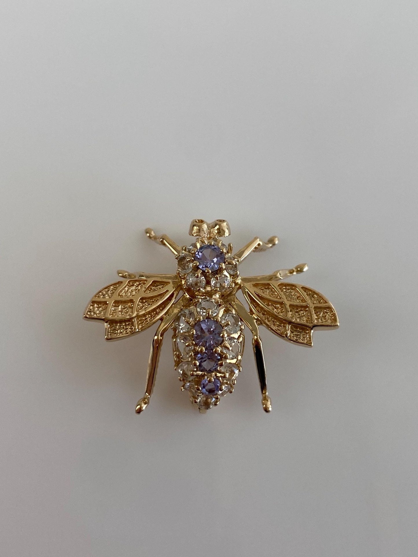 Vintage Solid 14k Yellow Gold Clear Spinel Tanzanite Bee Brooch Pin