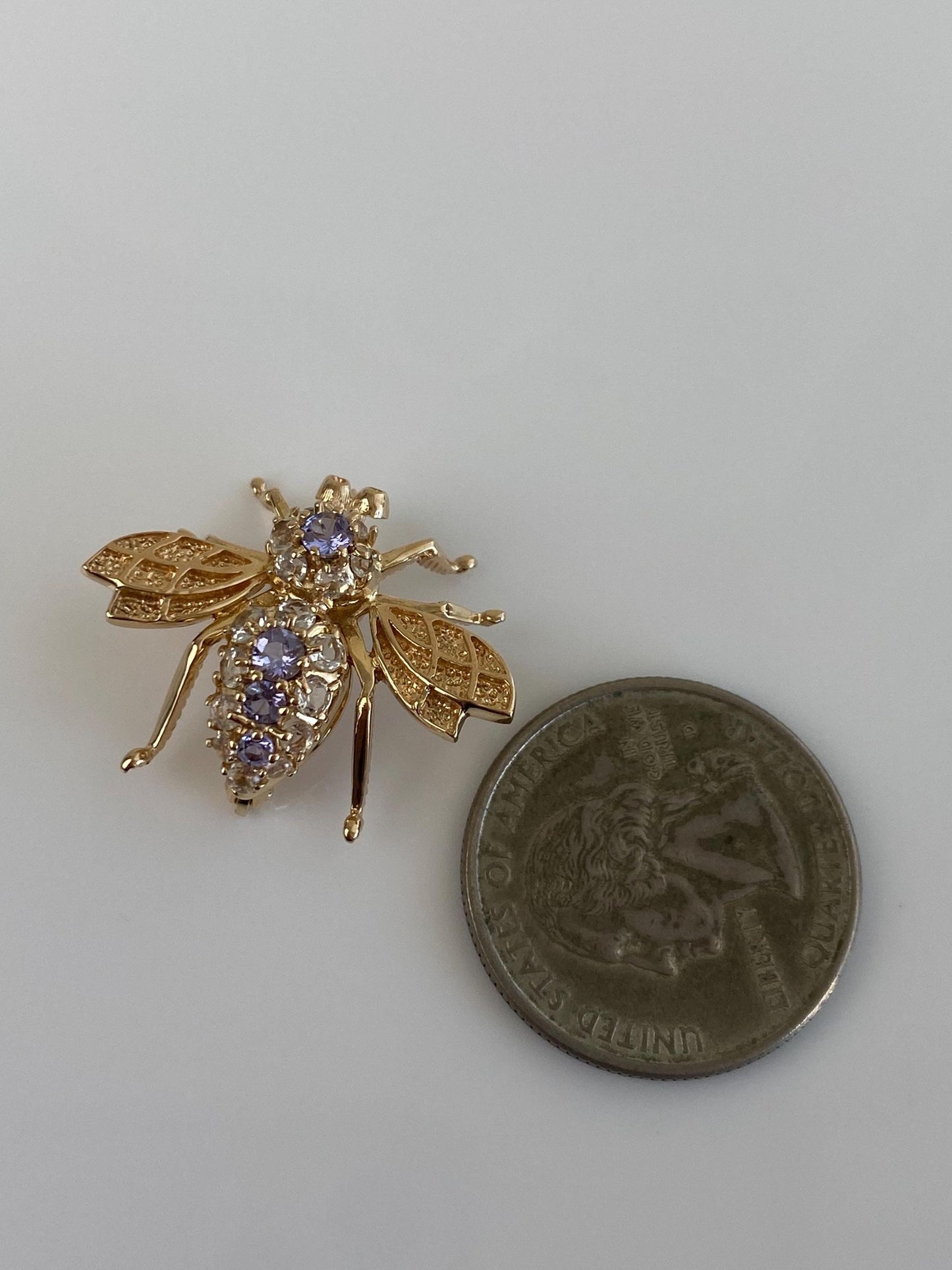 Vintage Solid 14k Yellow Gold Clear Spinel Tanzanite Bee Brooch Pin