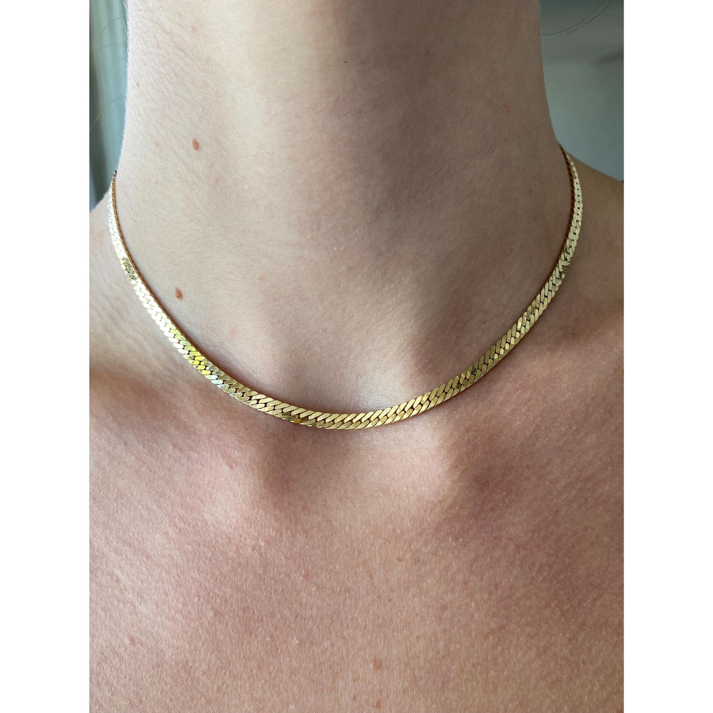 Vintage Solid 14k Yellow Gold Chunky Herringbone Chain Choker Necklace - 15 inches
