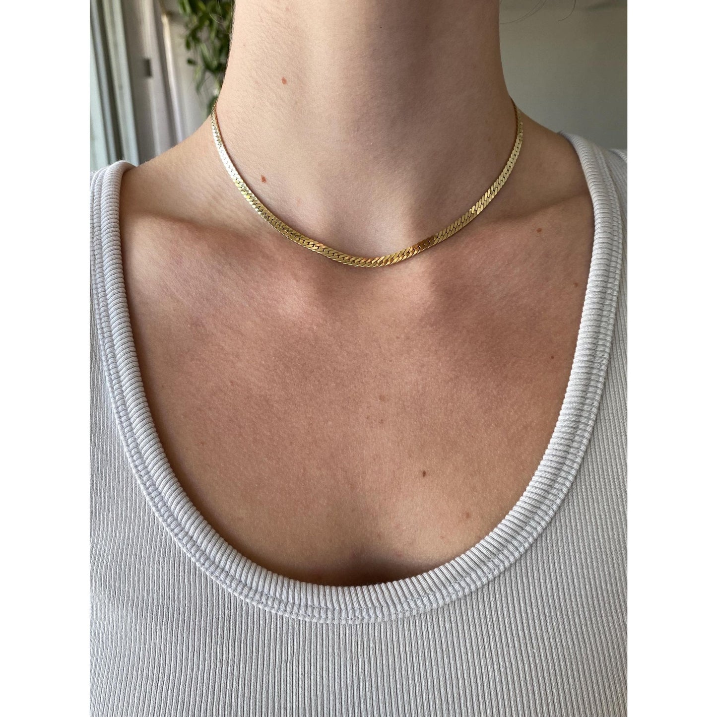 Vintage Solid 14k Yellow Gold Chunky Herringbone Chain Choker Necklace - 15 inches