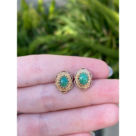 Vintage Solid 14k Yellow Gold Jade Ornate Stud Earrings