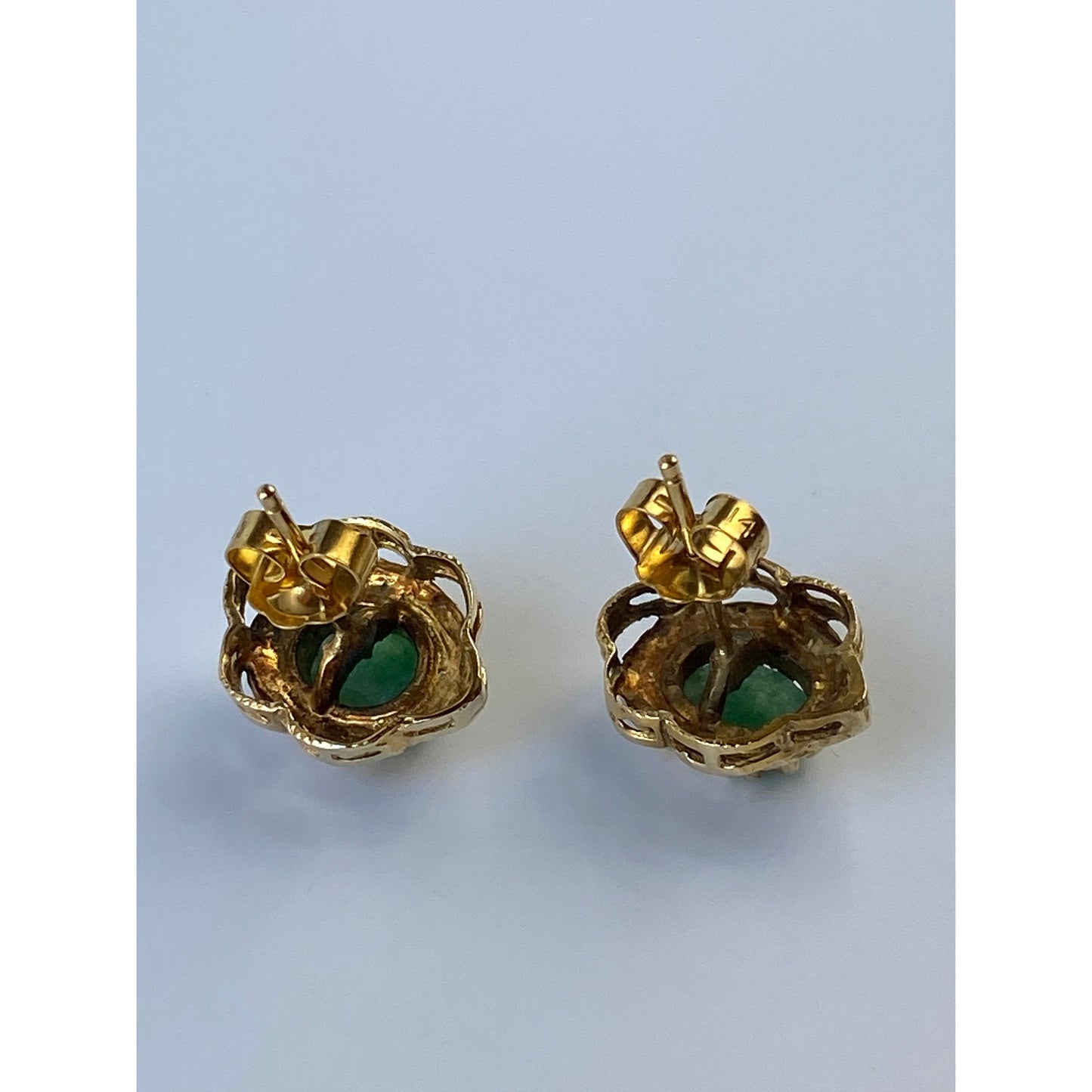 Vintage Solid 14k Yellow Gold Jade Ornate Stud Earrings