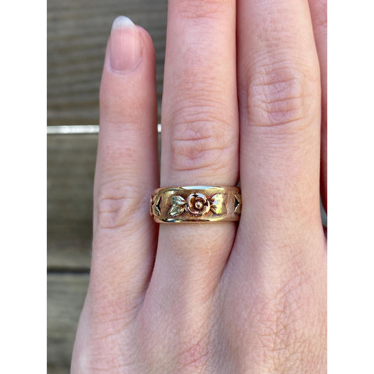 Vintage Solid 14k Rose & Yellow Gold Floral Roses Ring Band - Size 5.5