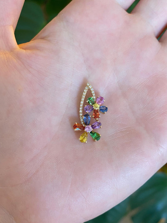 Vintage Solid 14k Yellow Gold Diamond Colored Sapphire Flowers Charm