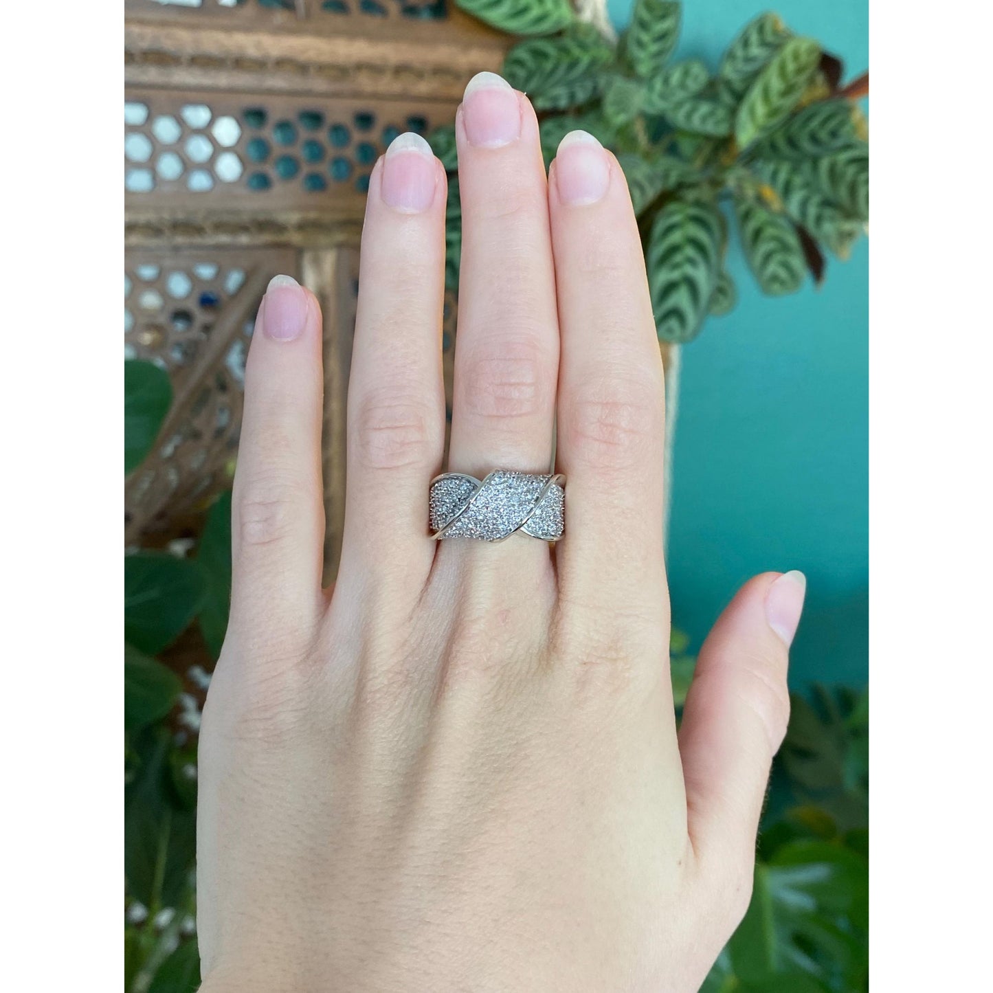 Vintage Solid 14k White Gold Diamond Twist Ring Band - Size 6.25