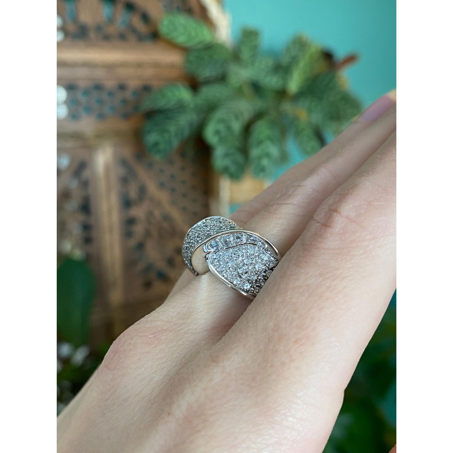 Vintage Solid 14k White Gold Diamond Twist Ring Band - Size 6.25