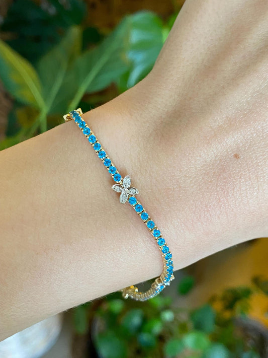 Vintage Solid 14k White & Yellow Gold Diamond Blue Cubic Zirconia Flowers Bracelet - 7 inches