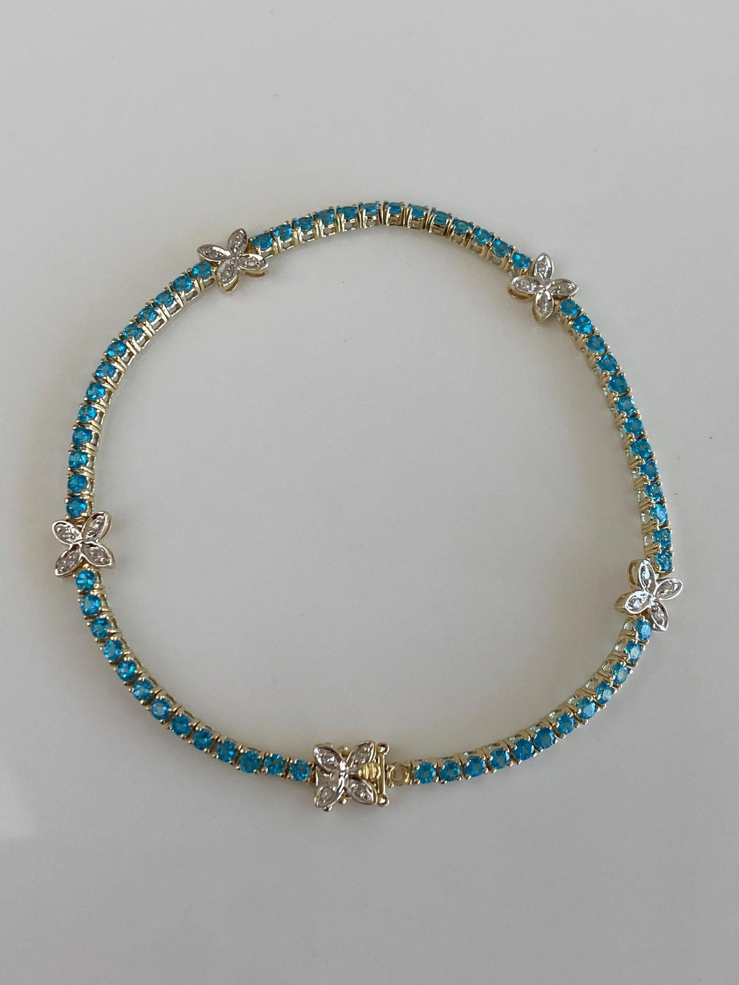 Vintage Solid 14k White & Yellow Gold Diamond Blue Cubic Zirconia Flowers Bracelet - 7 inches