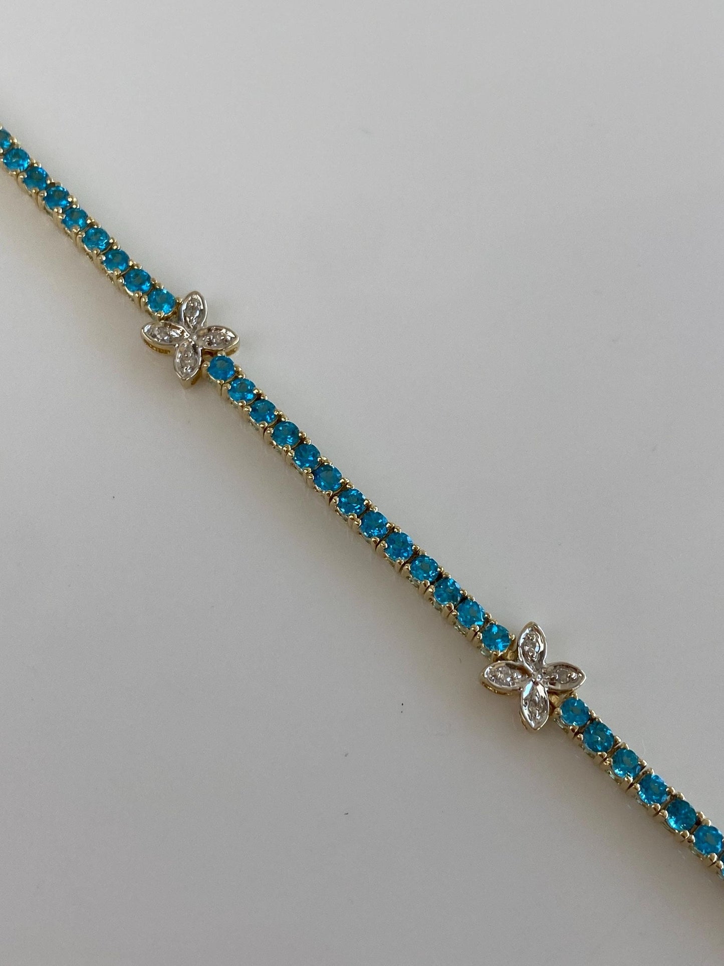 Vintage Solid 14k White & Yellow Gold Diamond Blue Cubic Zirconia Flowers Bracelet - 7 inches