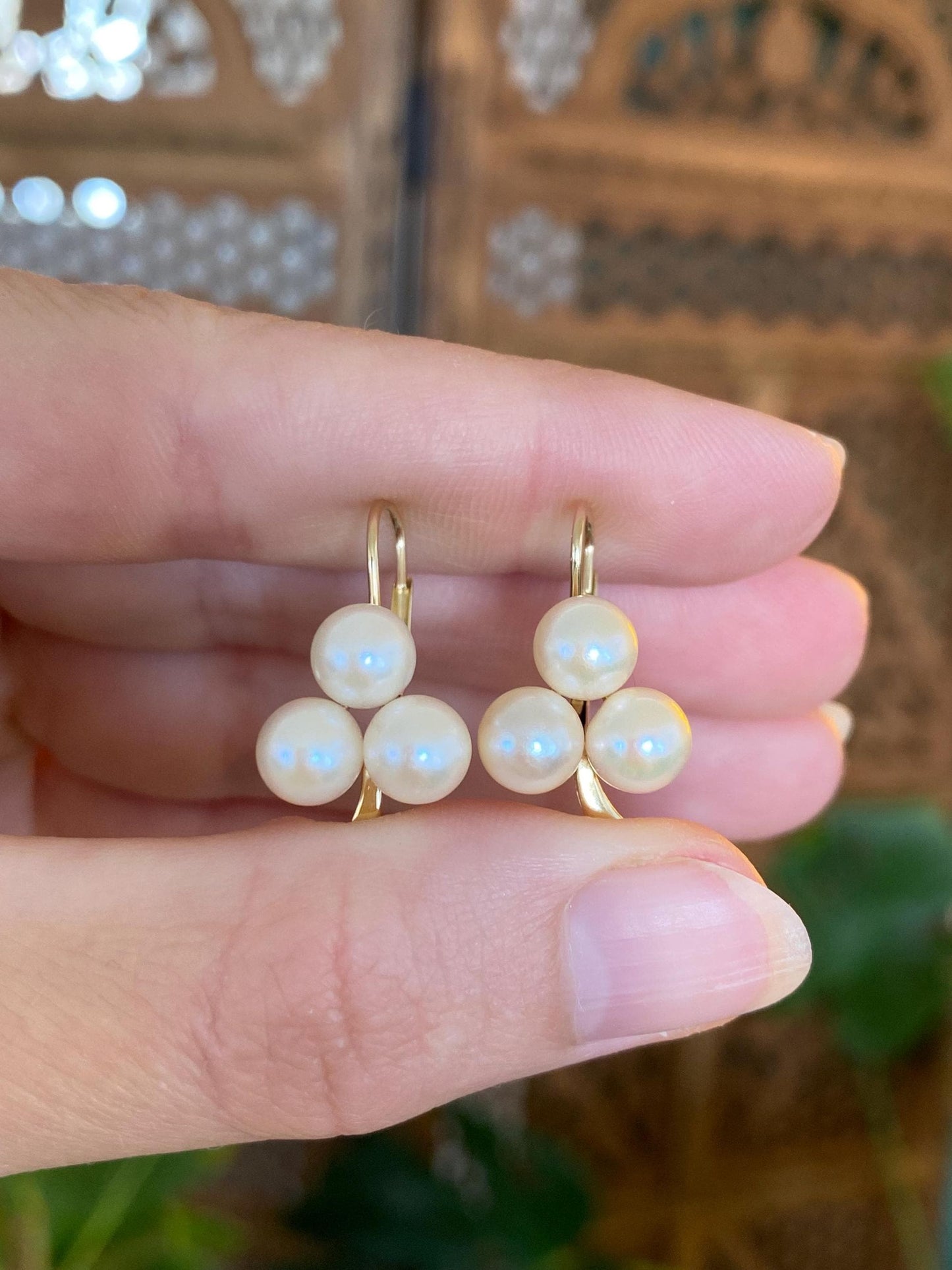 Vintage Solid 14k Yellow Gold Triple Pearl Drop Earrings