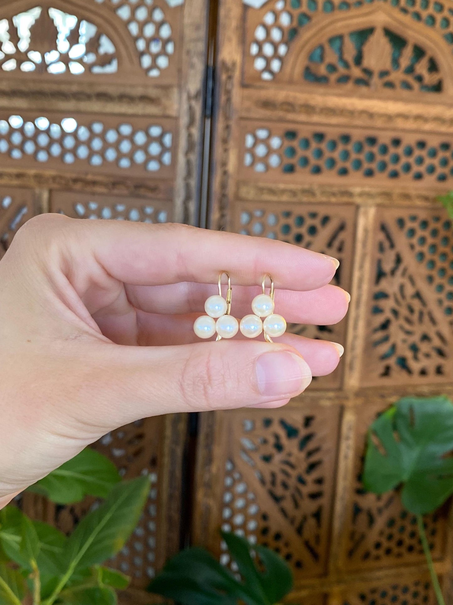 Vintage Solid 14k Yellow Gold Triple Pearl Drop Earrings