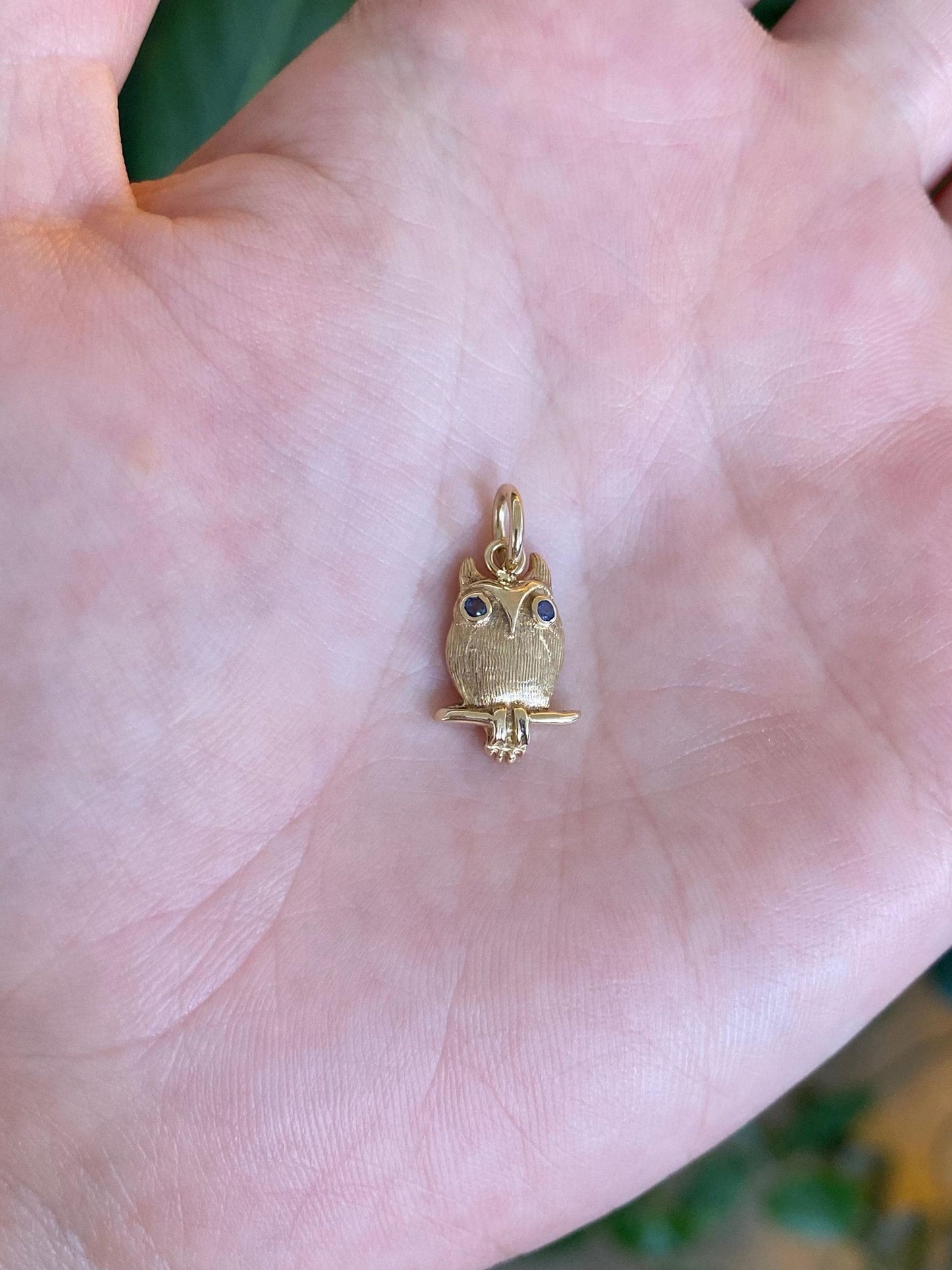 Vintage Solid 14k Yellow Gold Blue Sapphire Eyes Owl Charm
