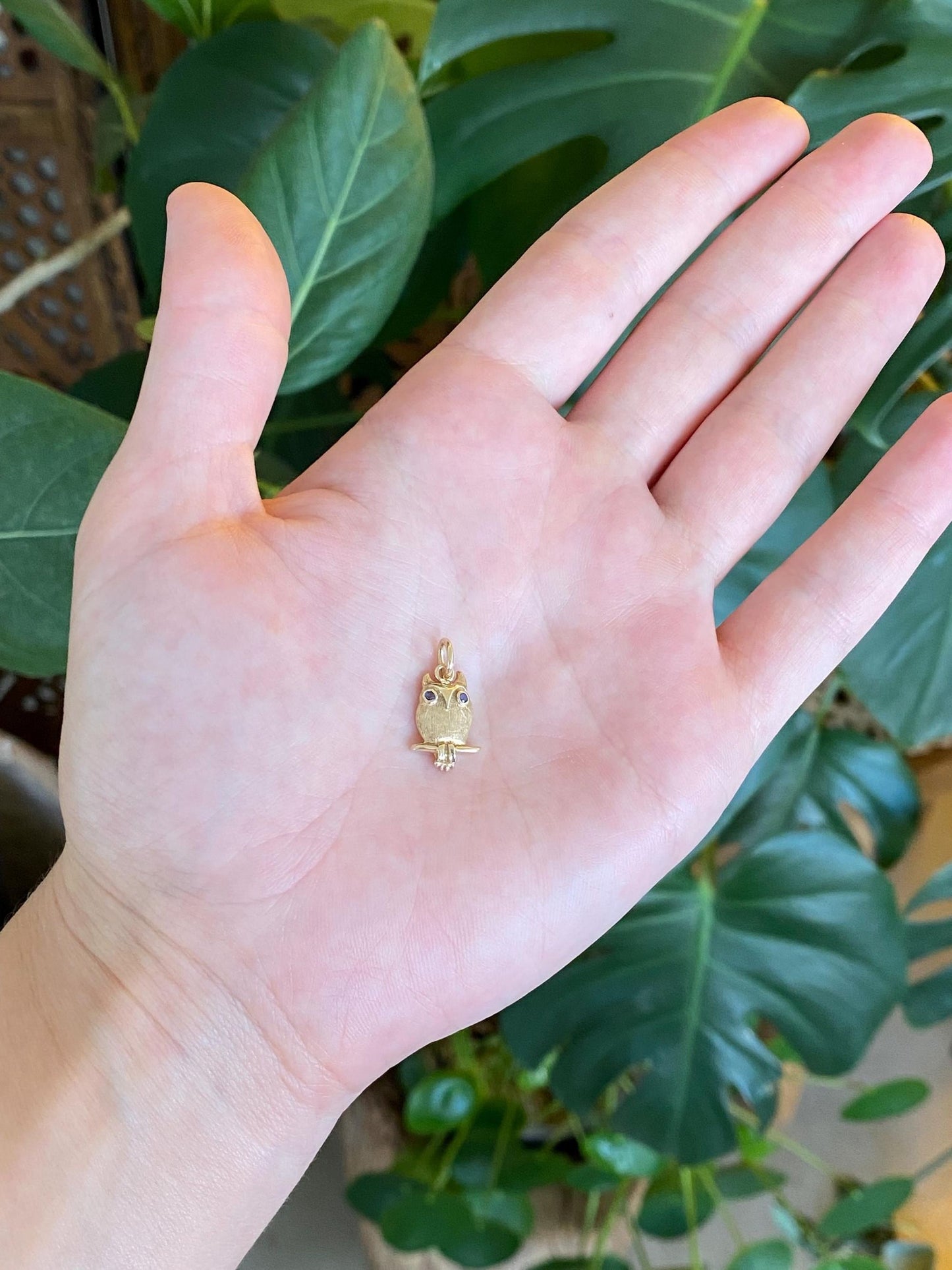 Vintage Solid 14k Yellow Gold Blue Sapphire Eyes Owl Charm