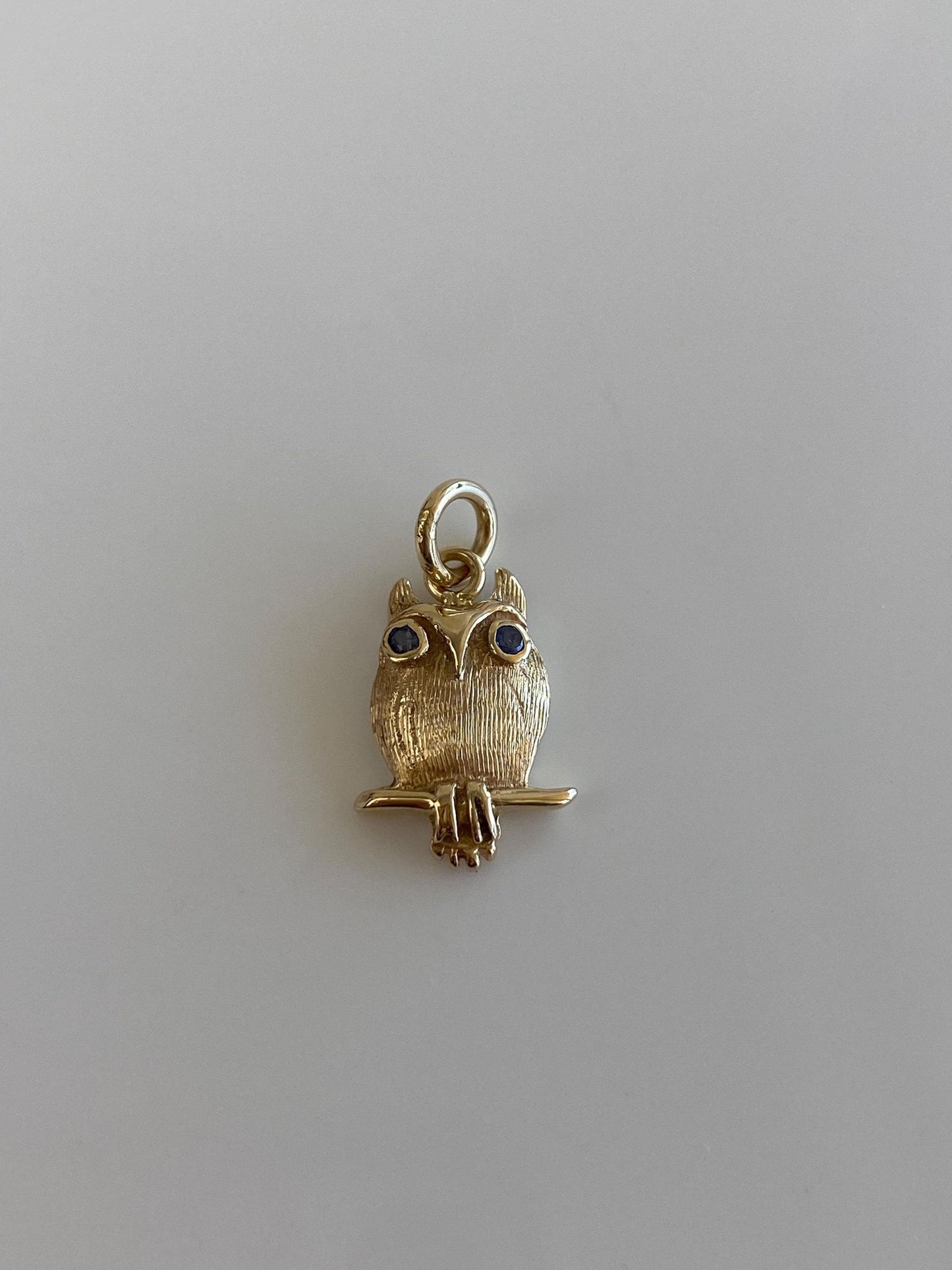 Vintage Solid 14k Yellow Gold Blue Sapphire Eyes Owl Charm