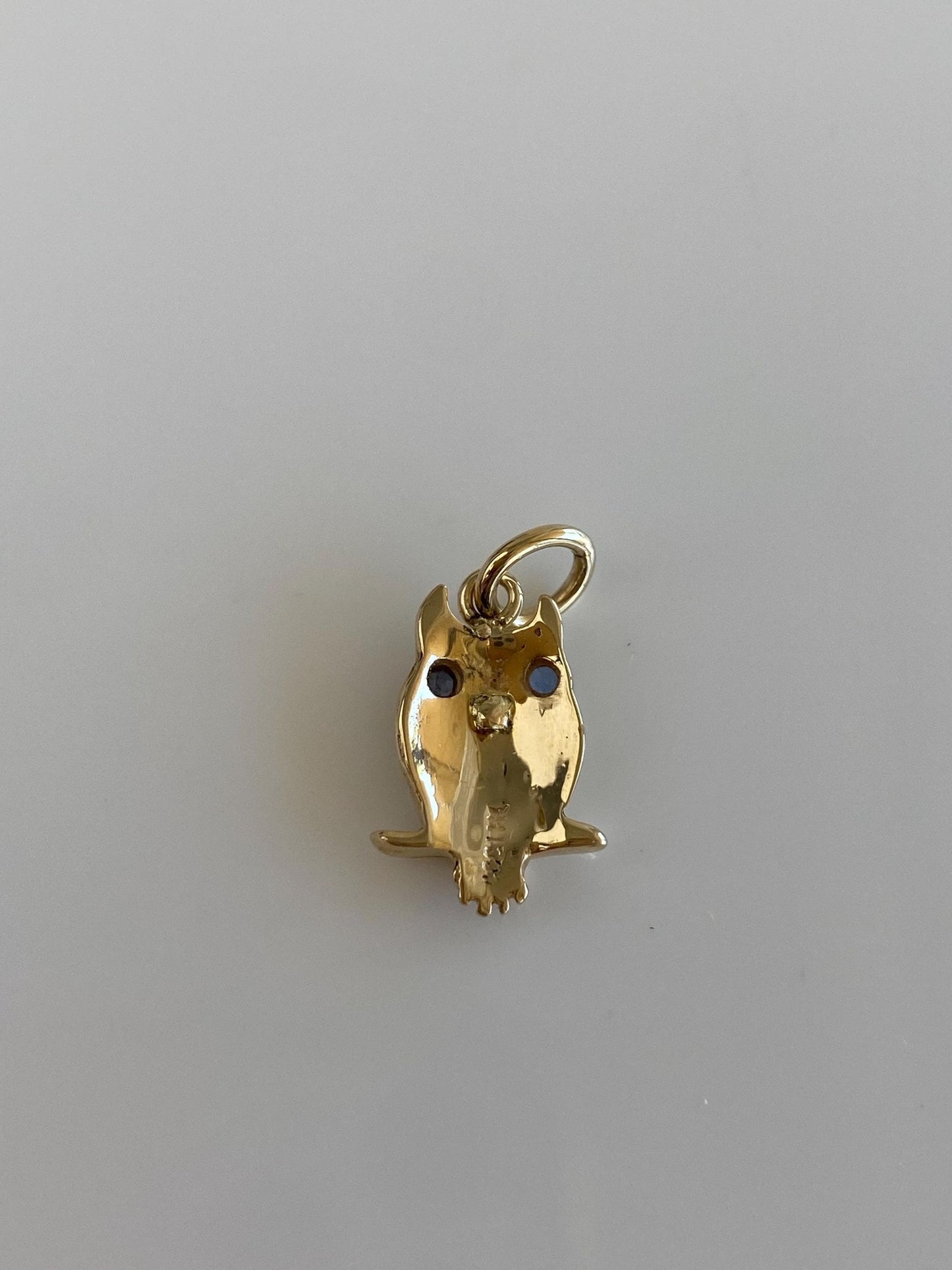 Vintage Solid 14k Yellow Gold Blue Sapphire Eyes Owl Charm