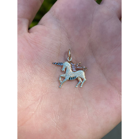 Vintage Solid 14k Tri Tone Gold Diamond Cut Unicorn Charm
