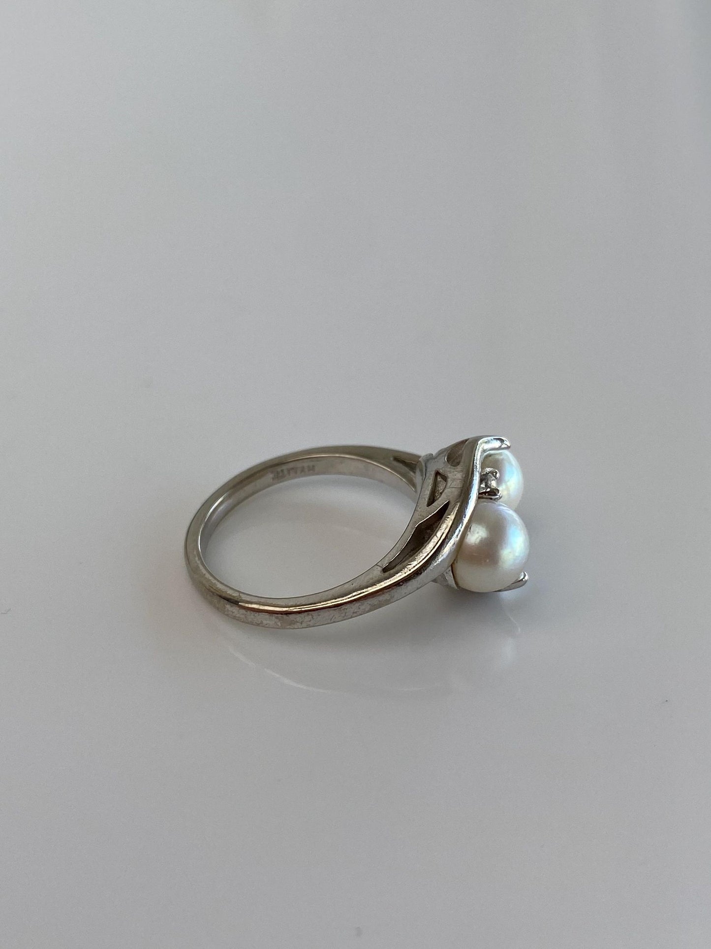 Vintage Solid 10k White Gold Clear Spinel Pearls Ring - Size 5.25