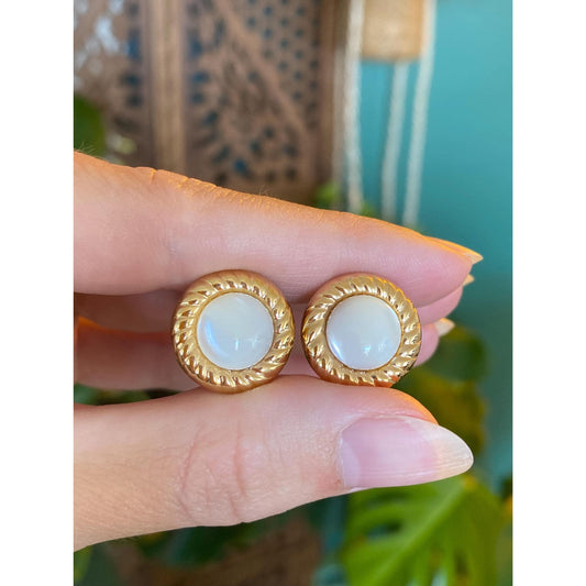 Vintage 14k Yellow Gold Mother of Pearl Twist Border Drop Earrings