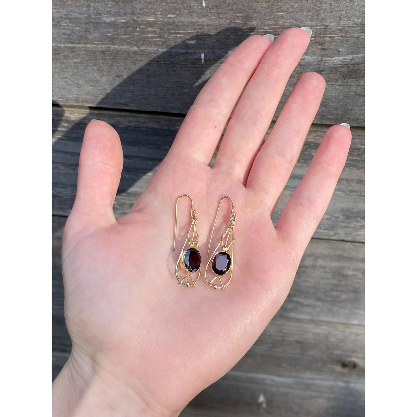 Vintage Solid 10k Yellow Gold Garnet Dangle Earrings