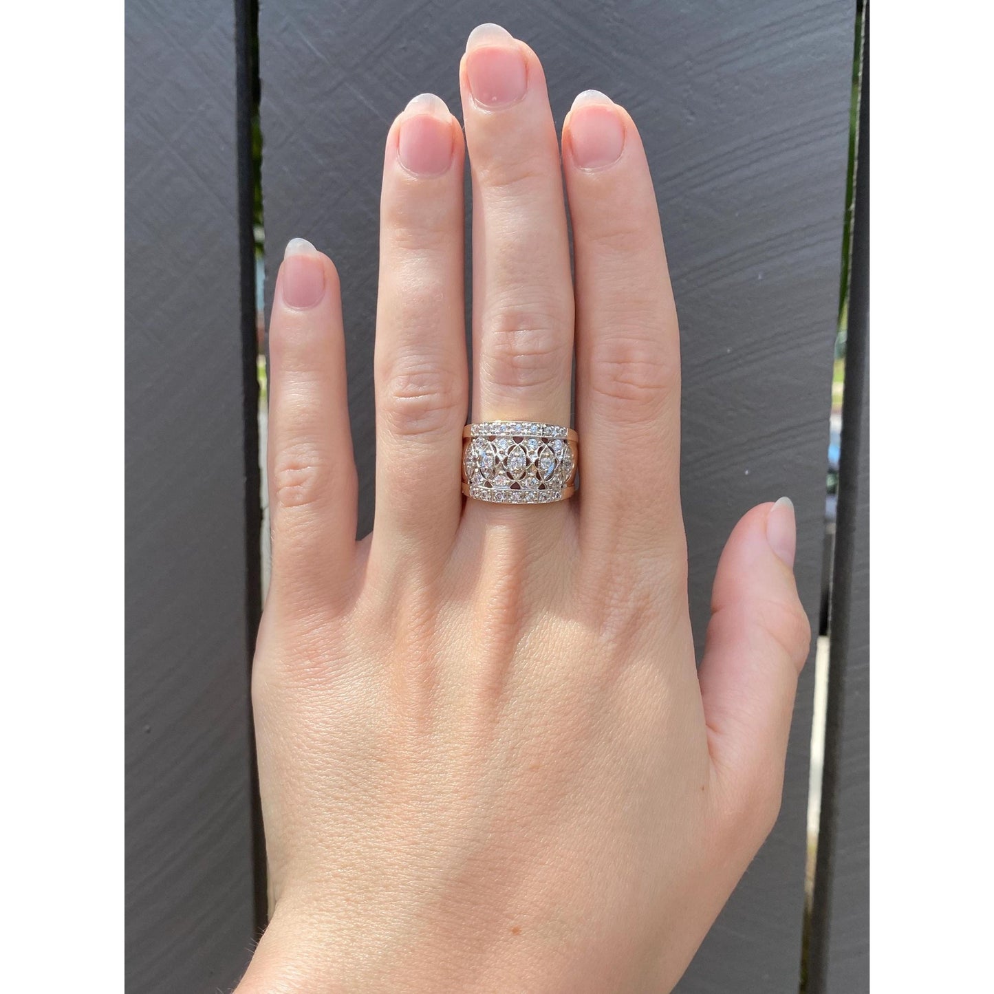 Solid 14k Yellow Gold Cubic Zirconia Open Work Cigar Band - Size 7.75