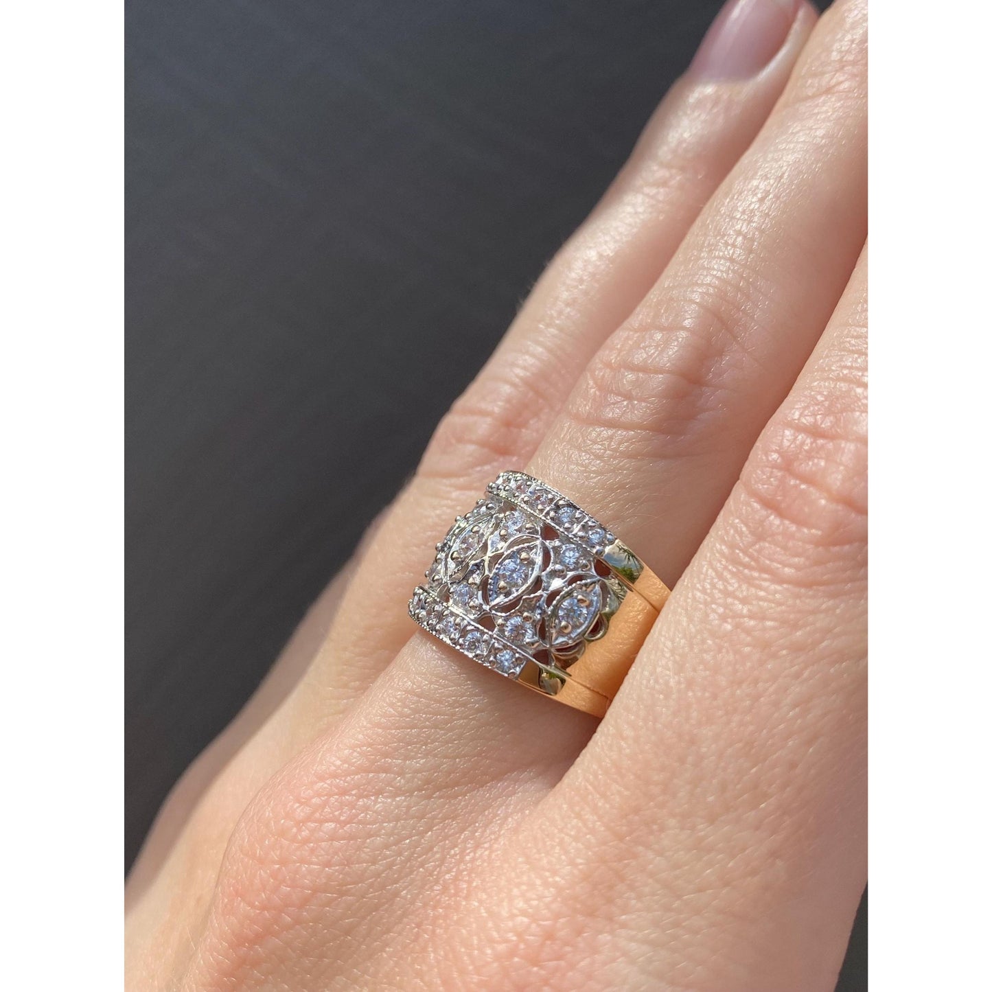 Solid 14k Yellow Gold Cubic Zirconia Open Work Cigar Band - Size 7.75