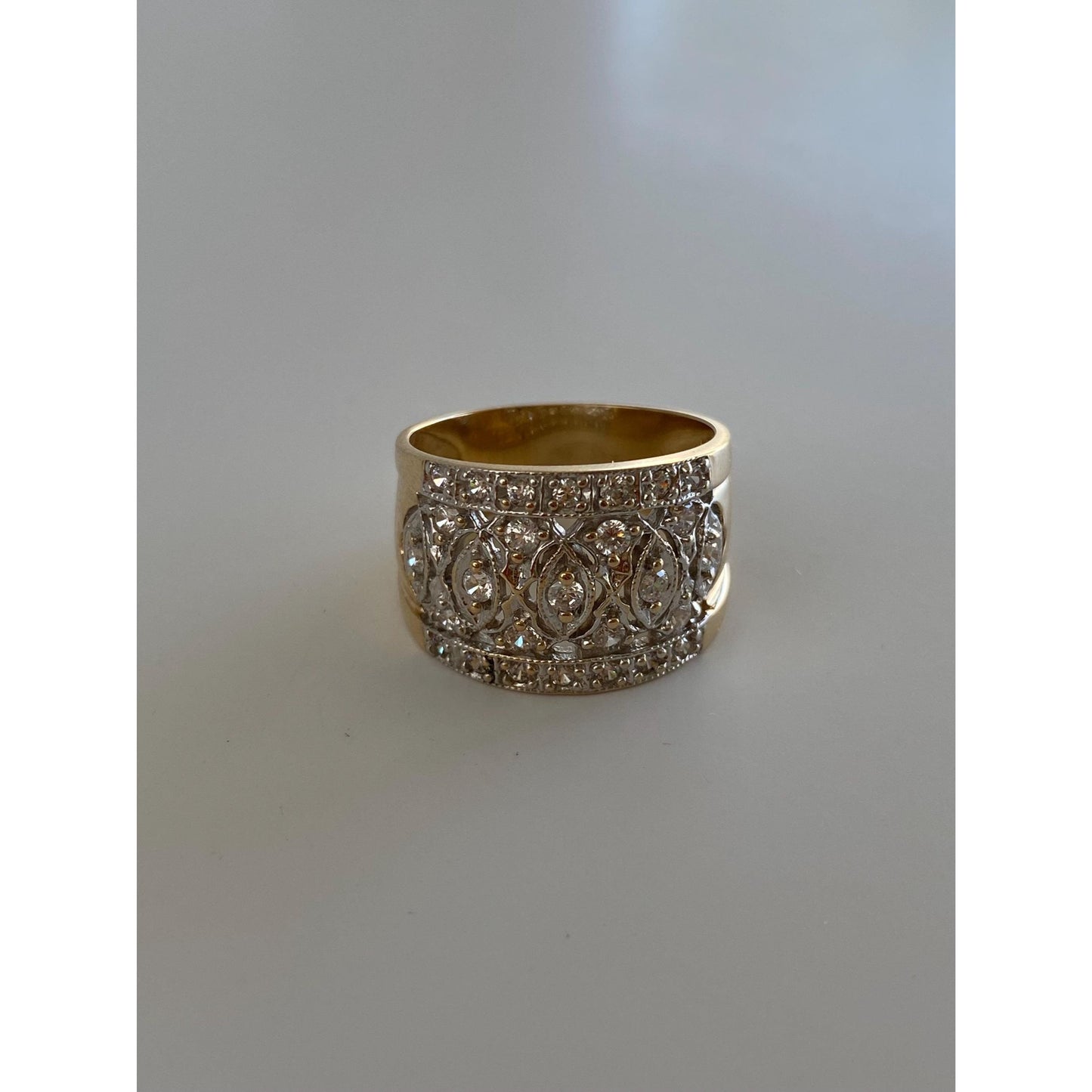 Solid 14k Yellow Gold Cubic Zirconia Open Work Cigar Band - Size 7.75