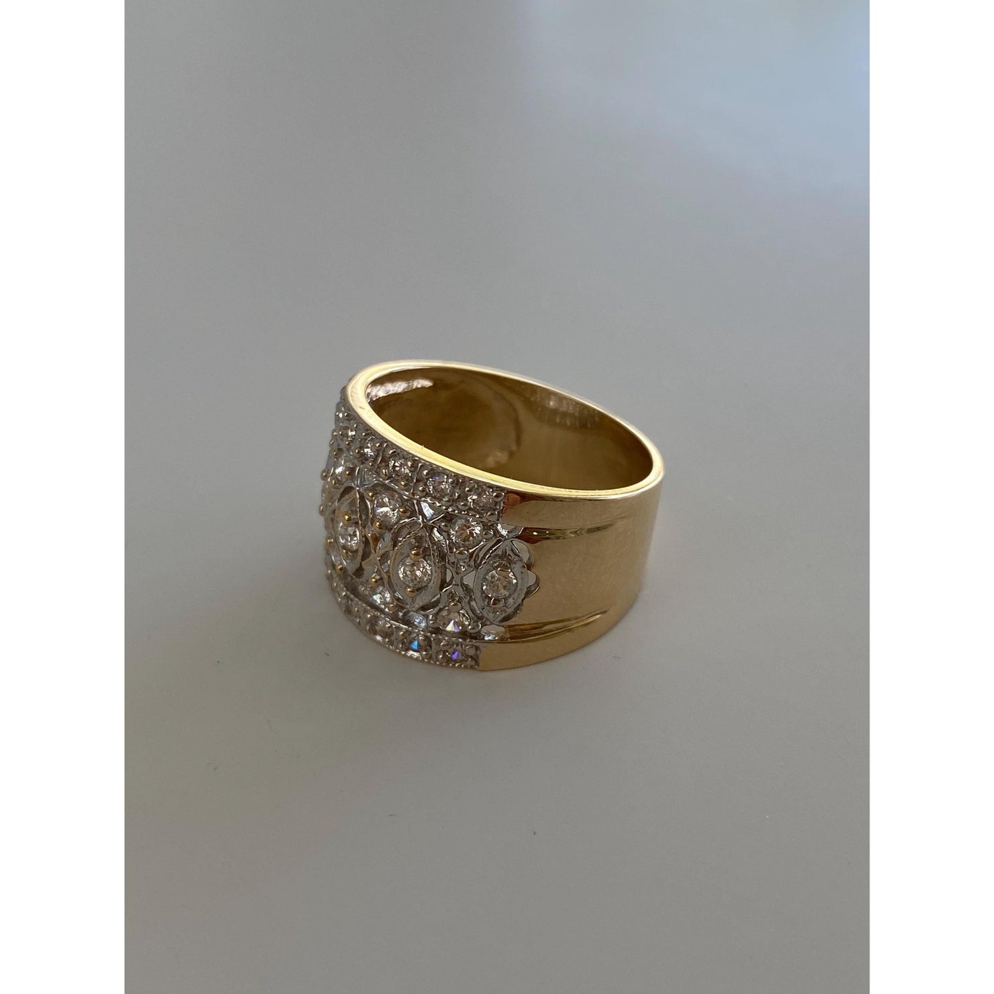 Solid 14k Yellow Gold Cubic Zirconia Open Work Cigar Band - Size 7.75