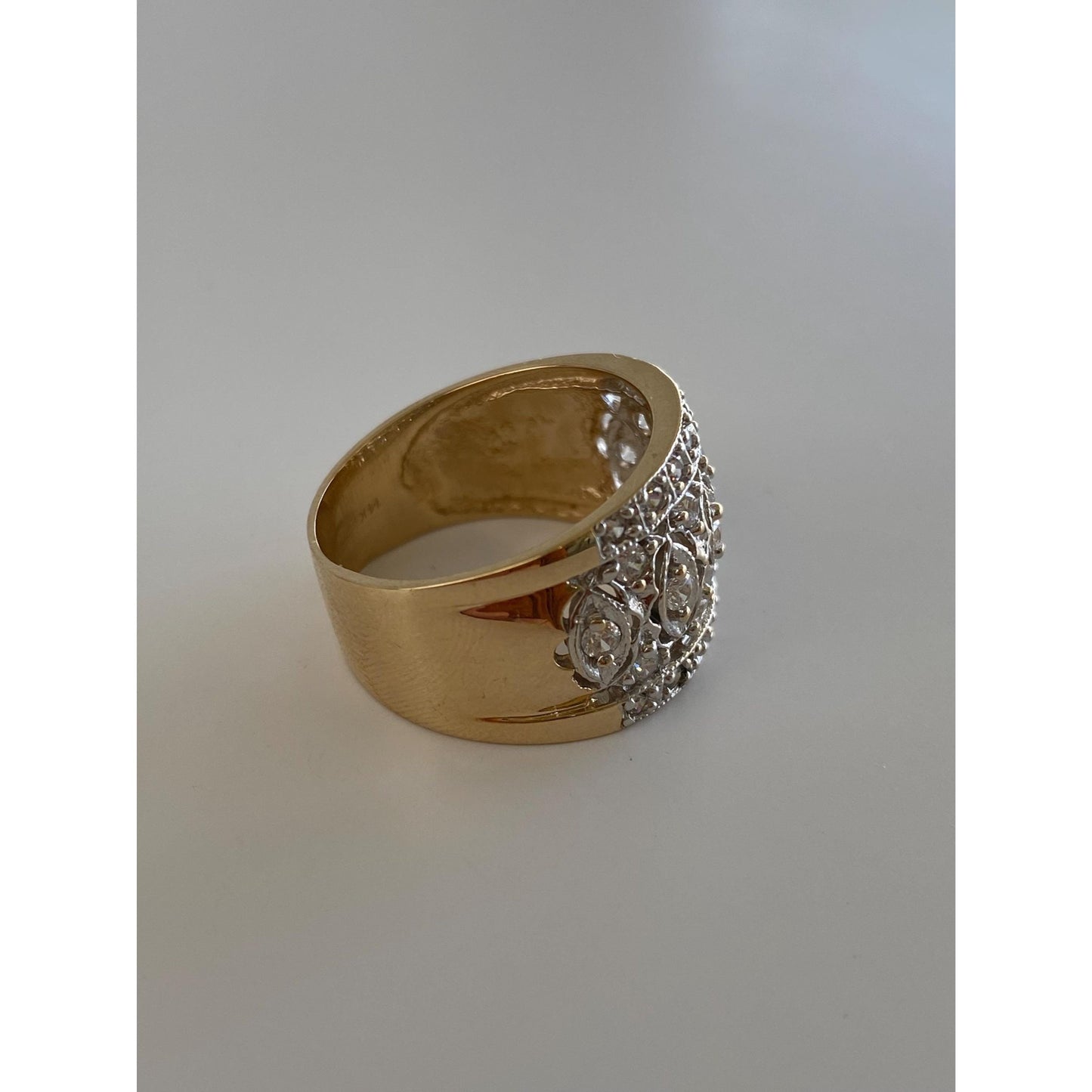 Solid 14k Yellow Gold Cubic Zirconia Open Work Cigar Band - Size 7.75