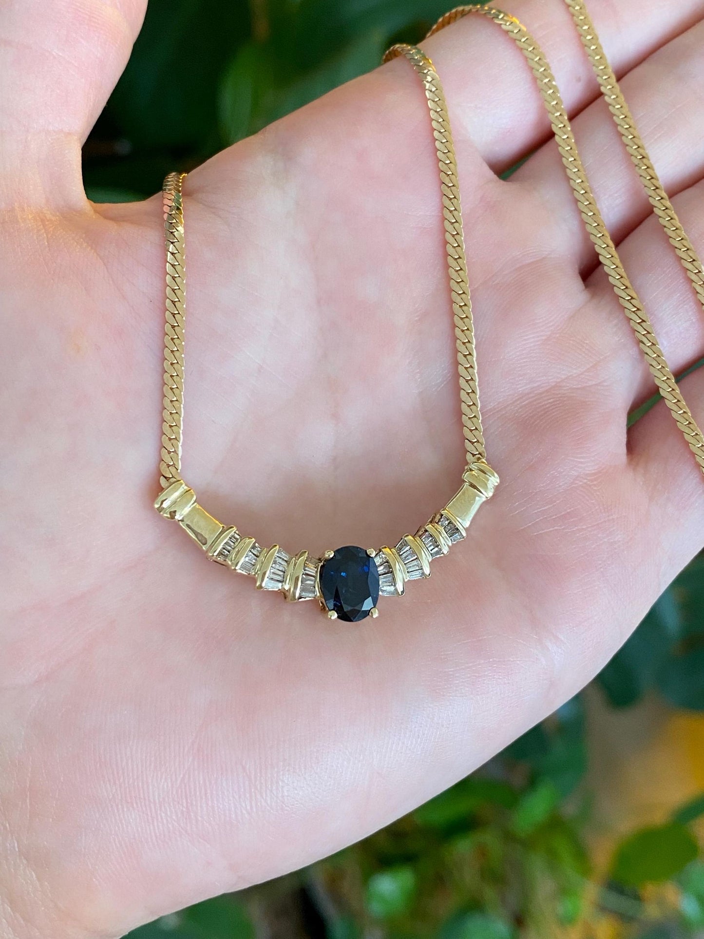 Vintage Solid 14k Yellow Gold Baguette Diamond Blue Sapphire Flat Curb Chain Necklace - 17.75 inches