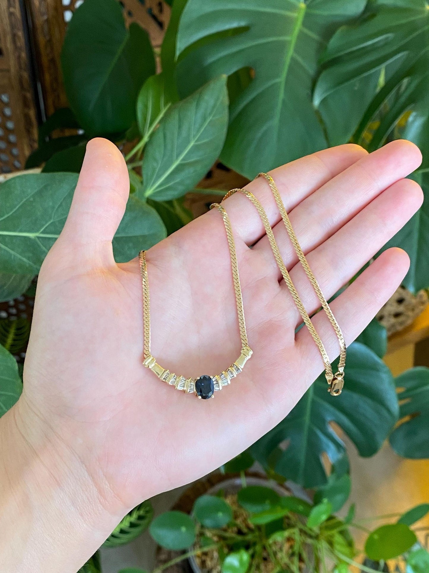 Vintage Solid 14k Yellow Gold Baguette Diamond Blue Sapphire Flat Curb Chain Necklace - 17.75 inches
