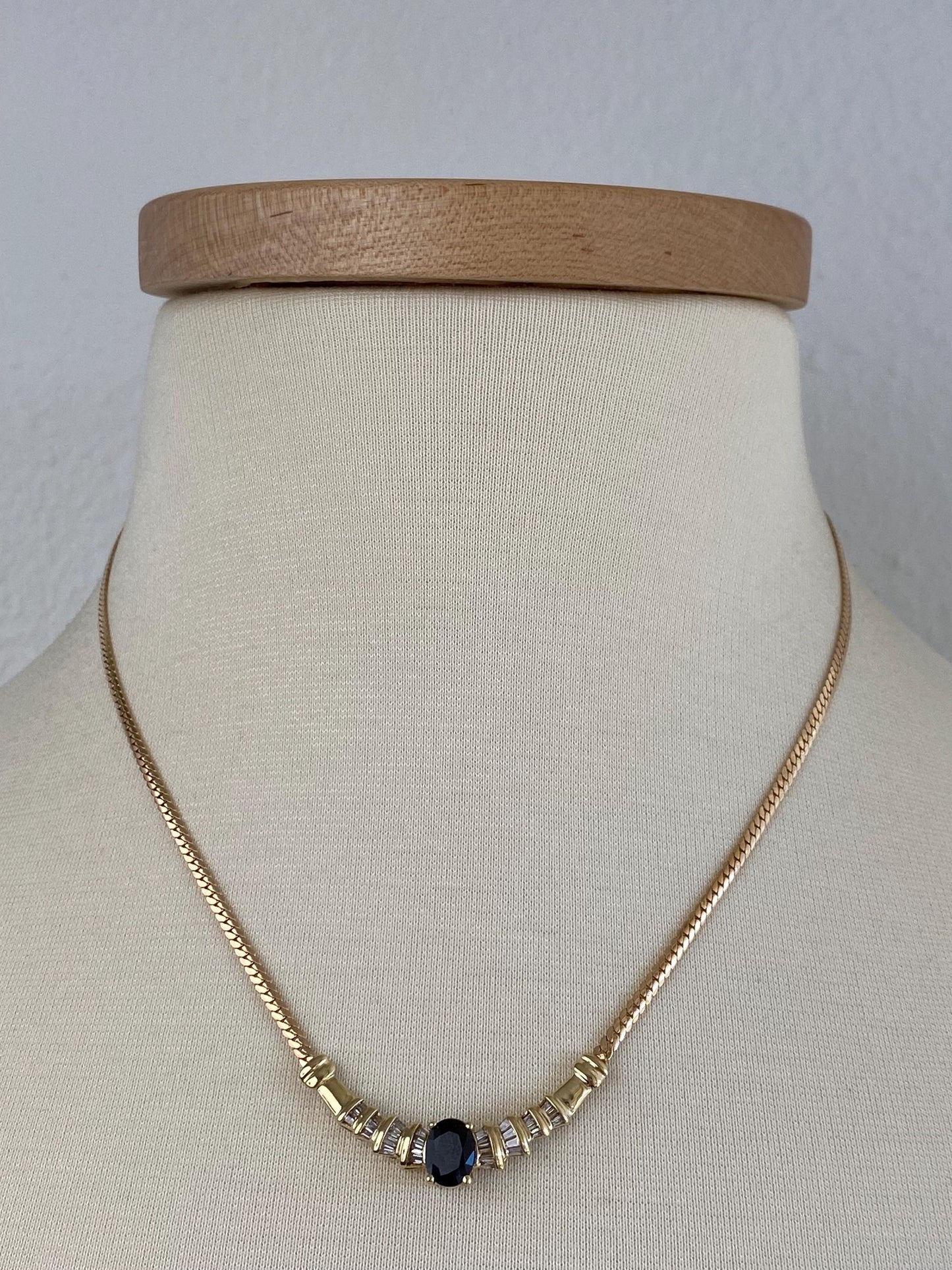 Vintage Solid 14k Yellow Gold Baguette Diamond Blue Sapphire Flat Curb Chain Necklace - 17.75 inches