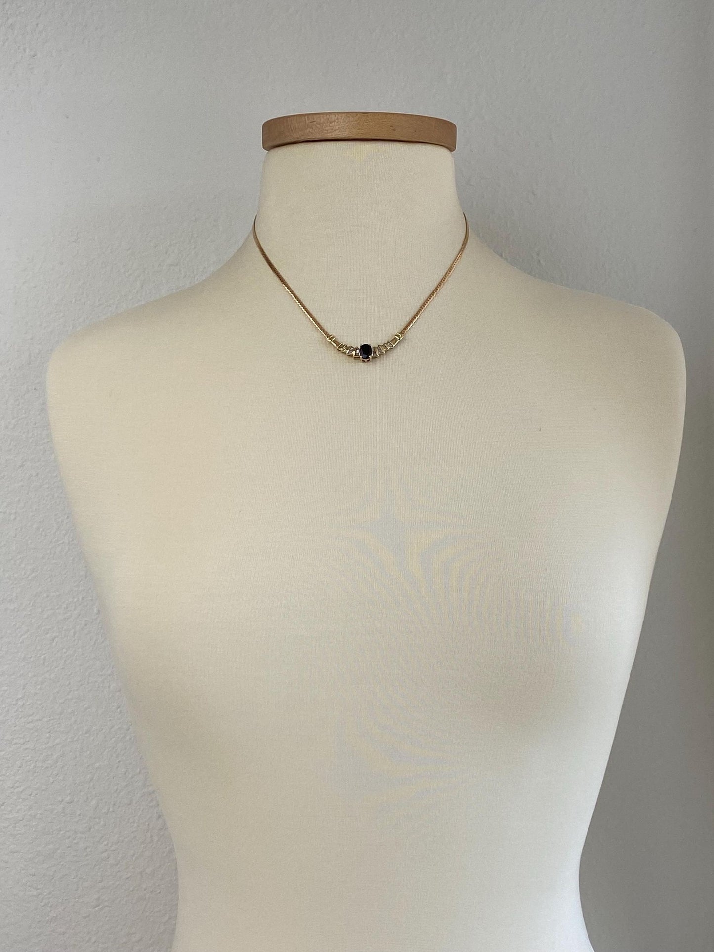 Vintage Solid 14k Yellow Gold Baguette Diamond Blue Sapphire Flat Curb Chain Necklace - 17.75 inches