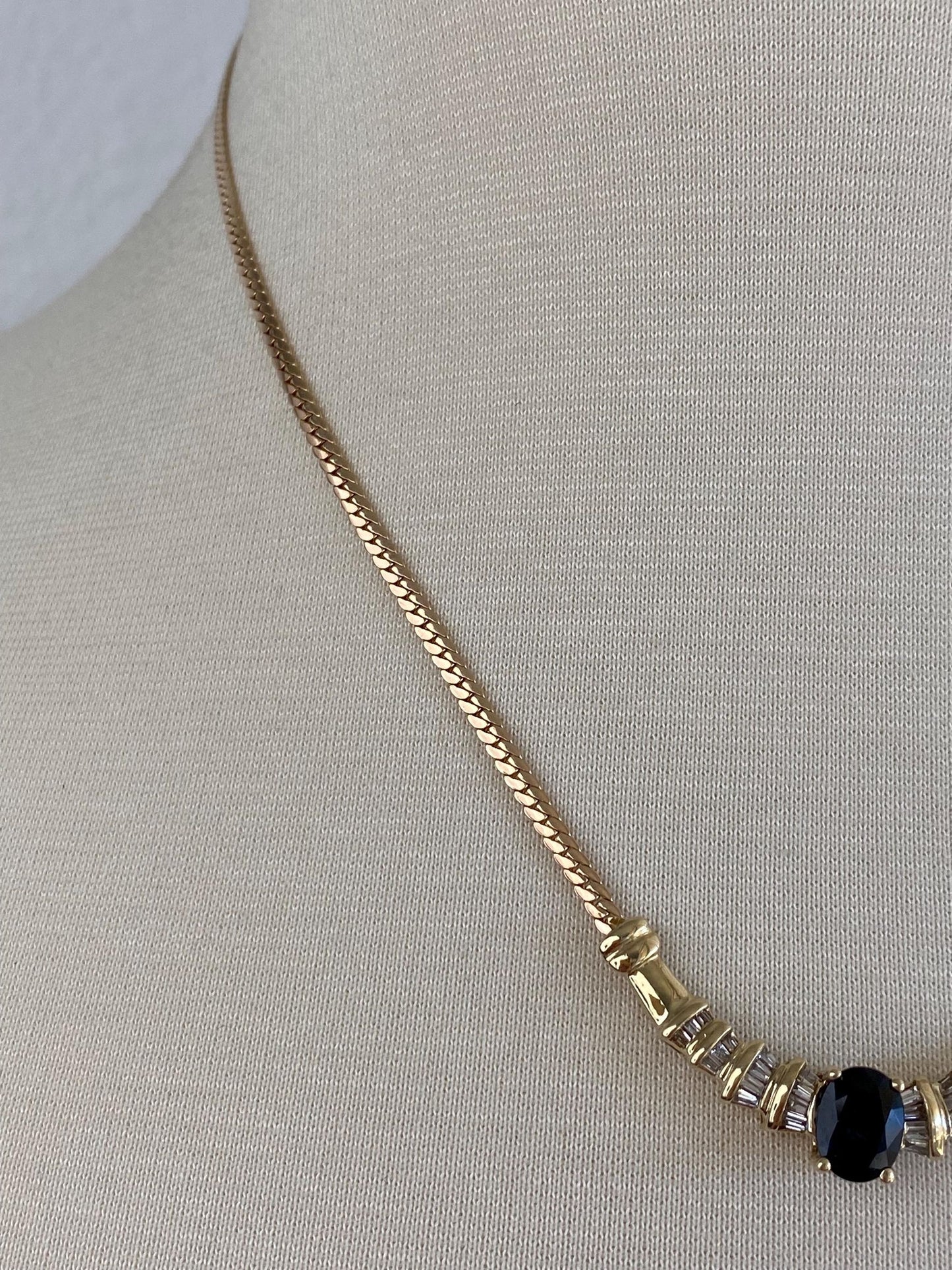 Vintage Solid 14k Yellow Gold Baguette Diamond Blue Sapphire Flat Curb Chain Necklace - 17.75 inches