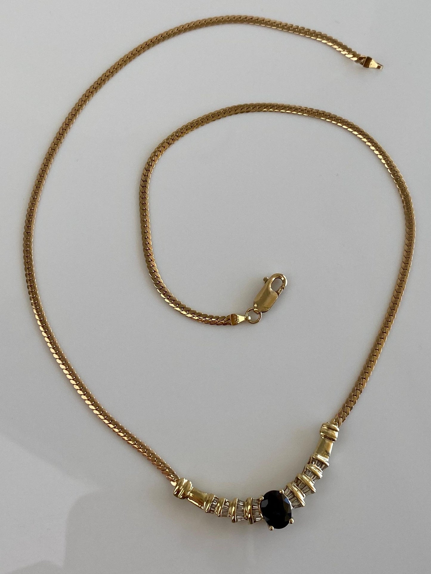 Vintage Solid 14k Yellow Gold Baguette Diamond Blue Sapphire Flat Curb Chain Necklace - 17.75 inches