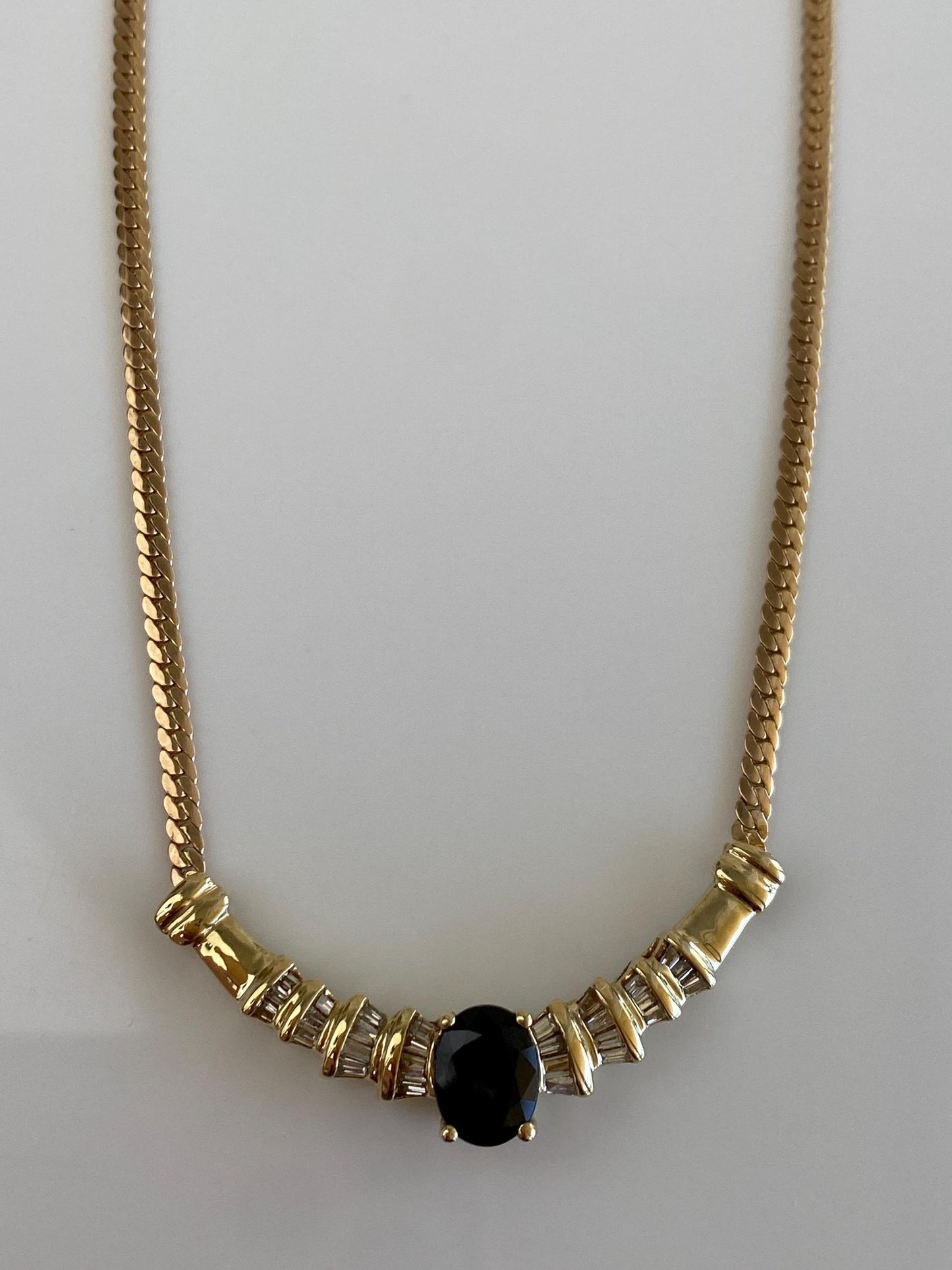 Vintage Solid 14k Yellow Gold Baguette Diamond Blue Sapphire Flat Curb Chain Necklace - 17.75 inches